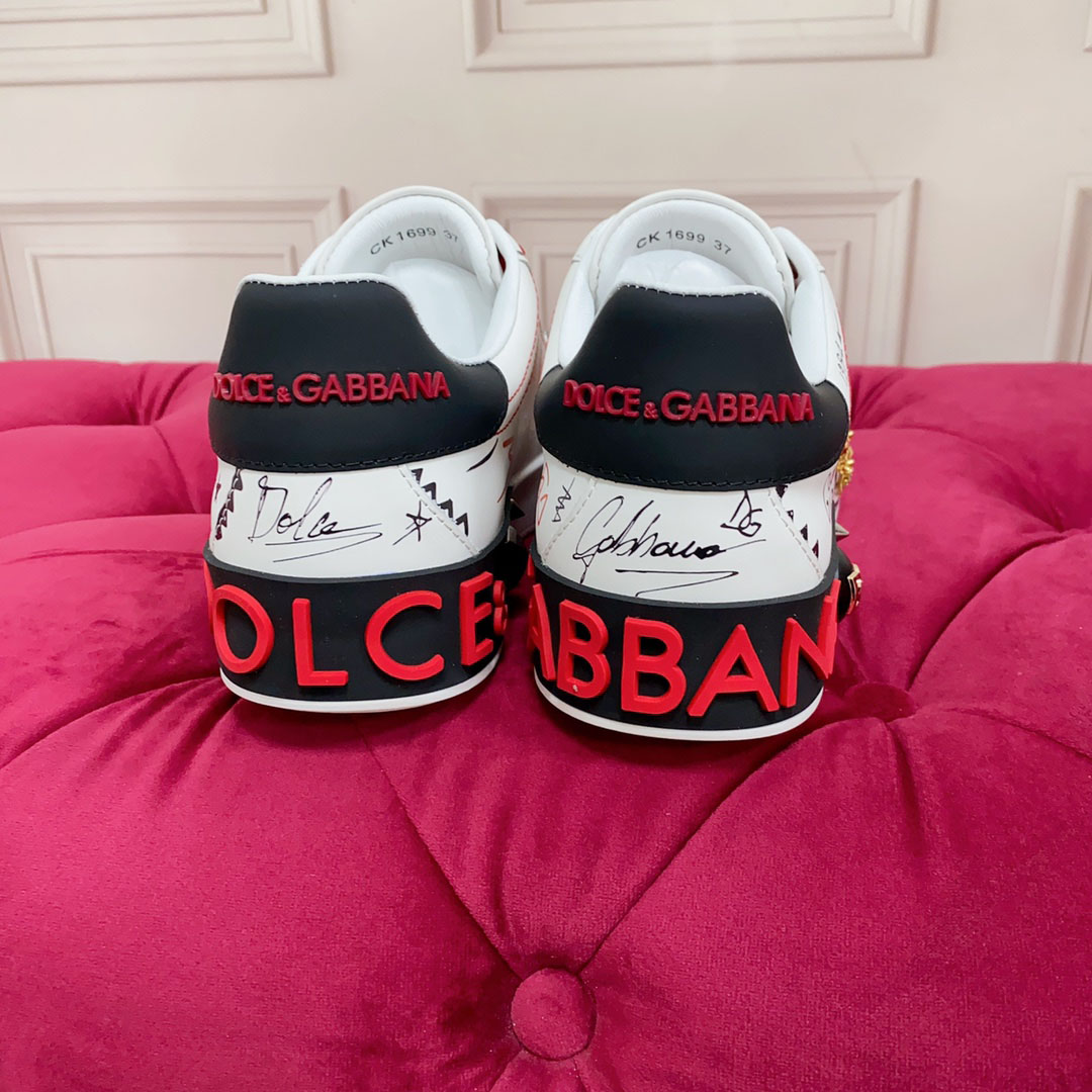 Dolce & Gabbana Calfskin Portofino Sneakers With Embroidery And Studs - FashionPlug