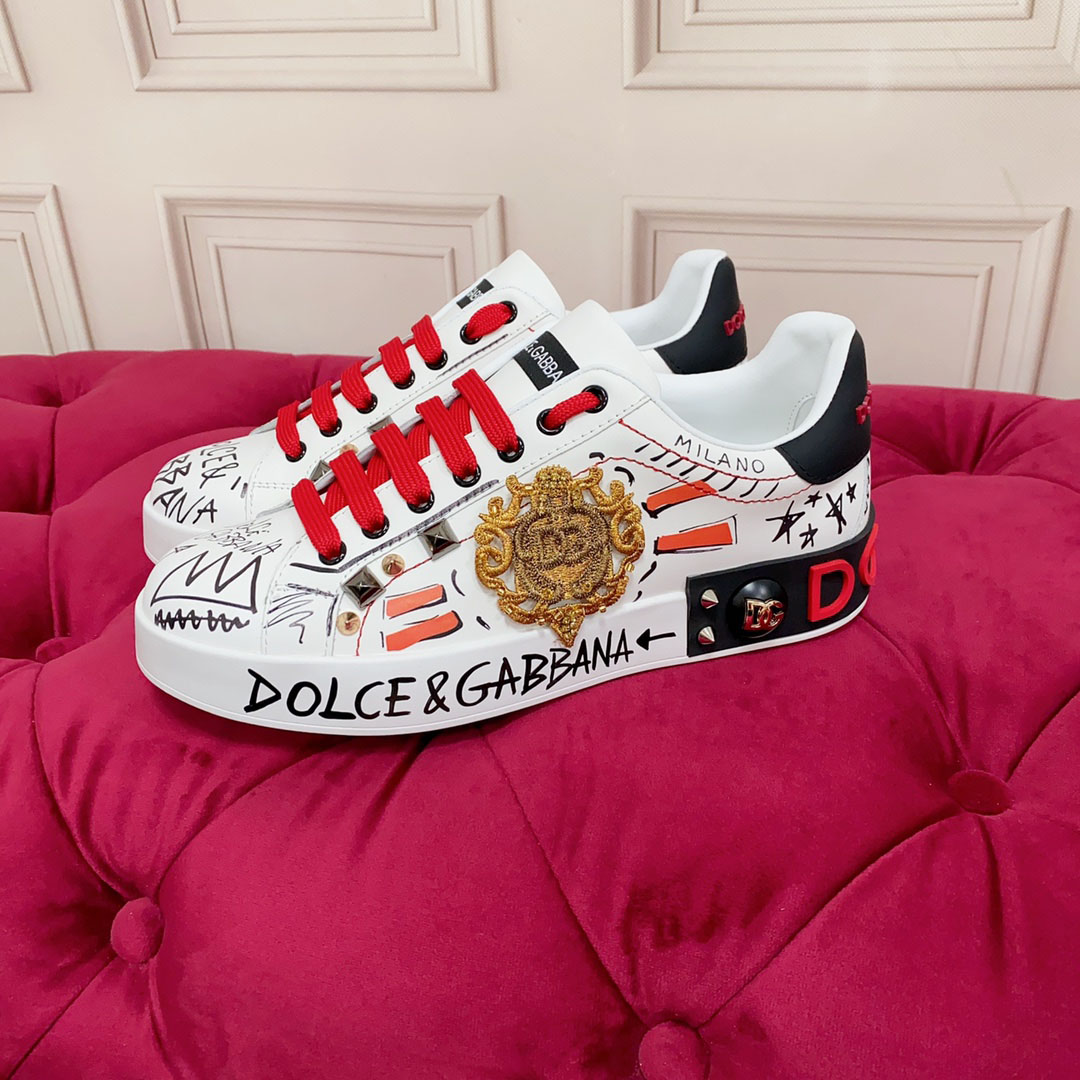 Dolce & Gabbana Calfskin Portofino Sneakers With Embroidery And Studs - FashionPlug