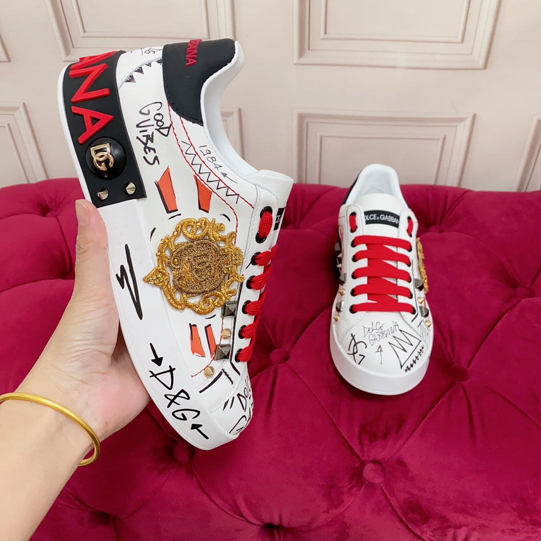 Dolce & Gabbana Calfskin Portofino Sneakers With Embroidery And Studs - FashionPlug
