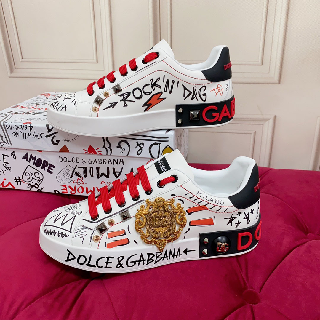Dolce & Gabbana Calfskin Portofino Sneakers With Embroidery And Studs - FashionPlug
