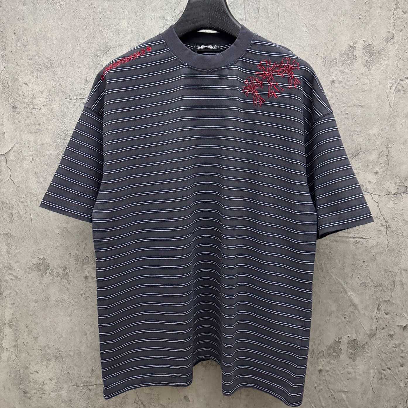 Chrome Hearts Striped Cross Sanskrit Embroidery Crew Neck T-Shirt - FashionPlug