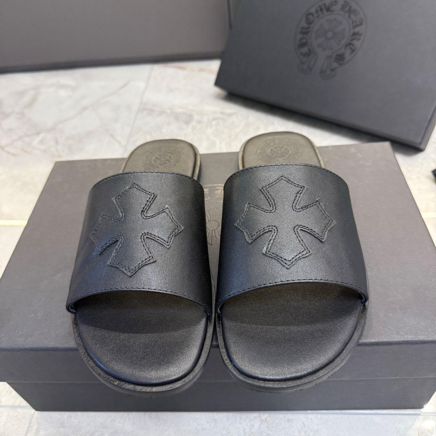 Chrome Hearts Black Leather Plus Slides / Sandals / Slippers - FashionPlug