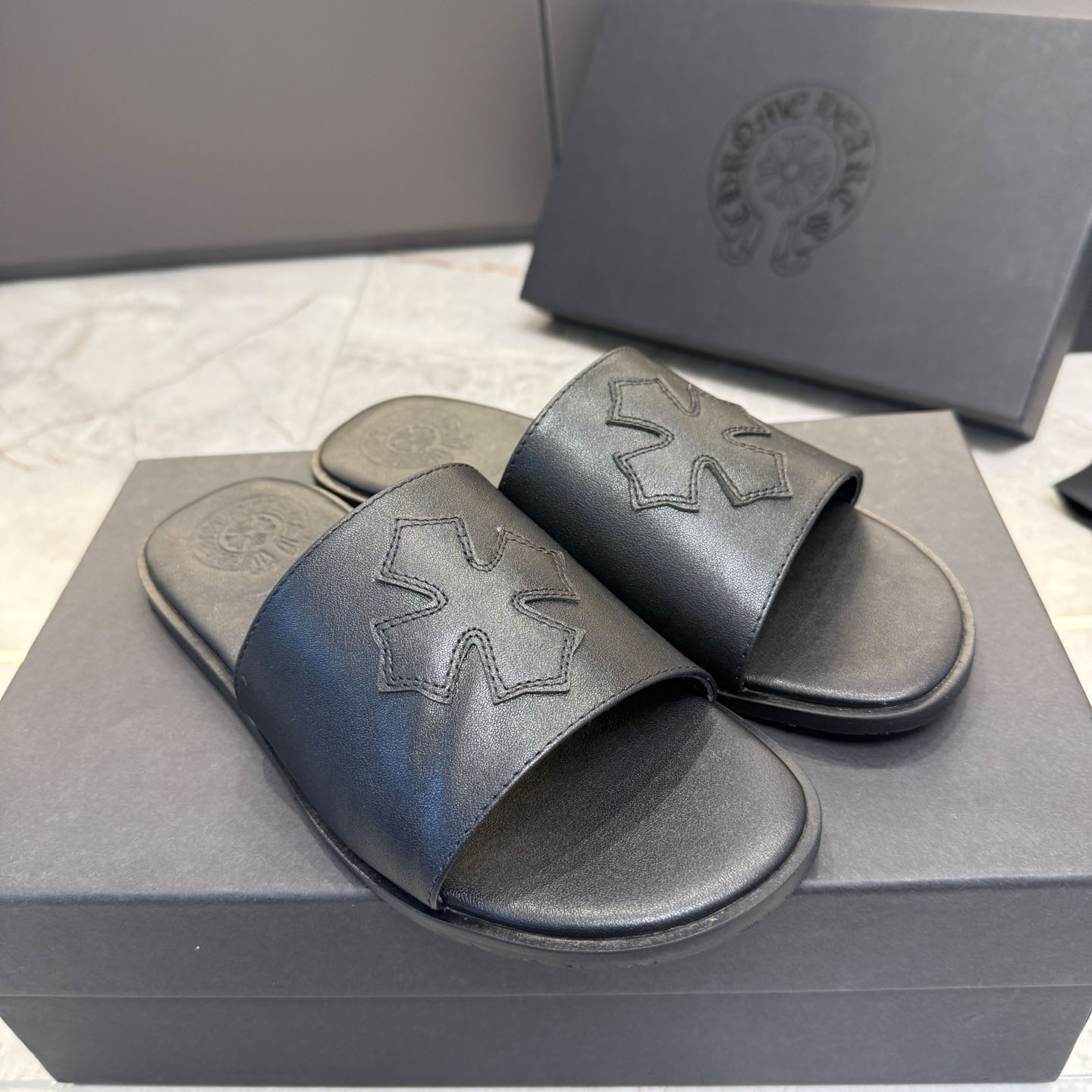 Chrome Hearts Black Leather Plus Slides / Sandals / Slippers - FashionPlug
