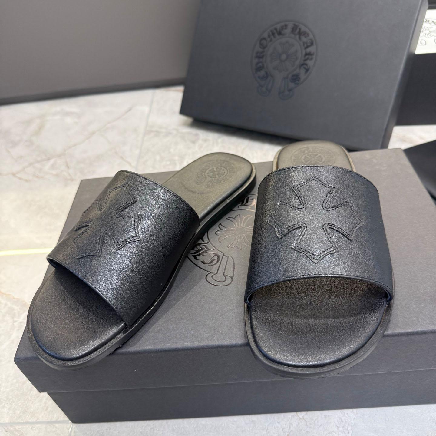 Chrome Hearts Black Leather Plus Slides / Sandals / Slippers - FashionPlug