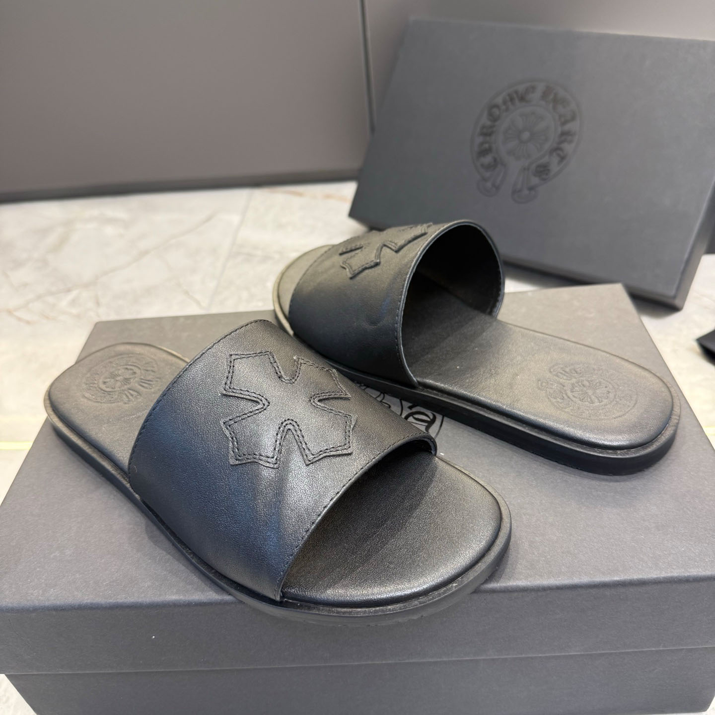 Chrome Hearts Black Leather Plus Slides / Sandals / Slippers - FashionPlug