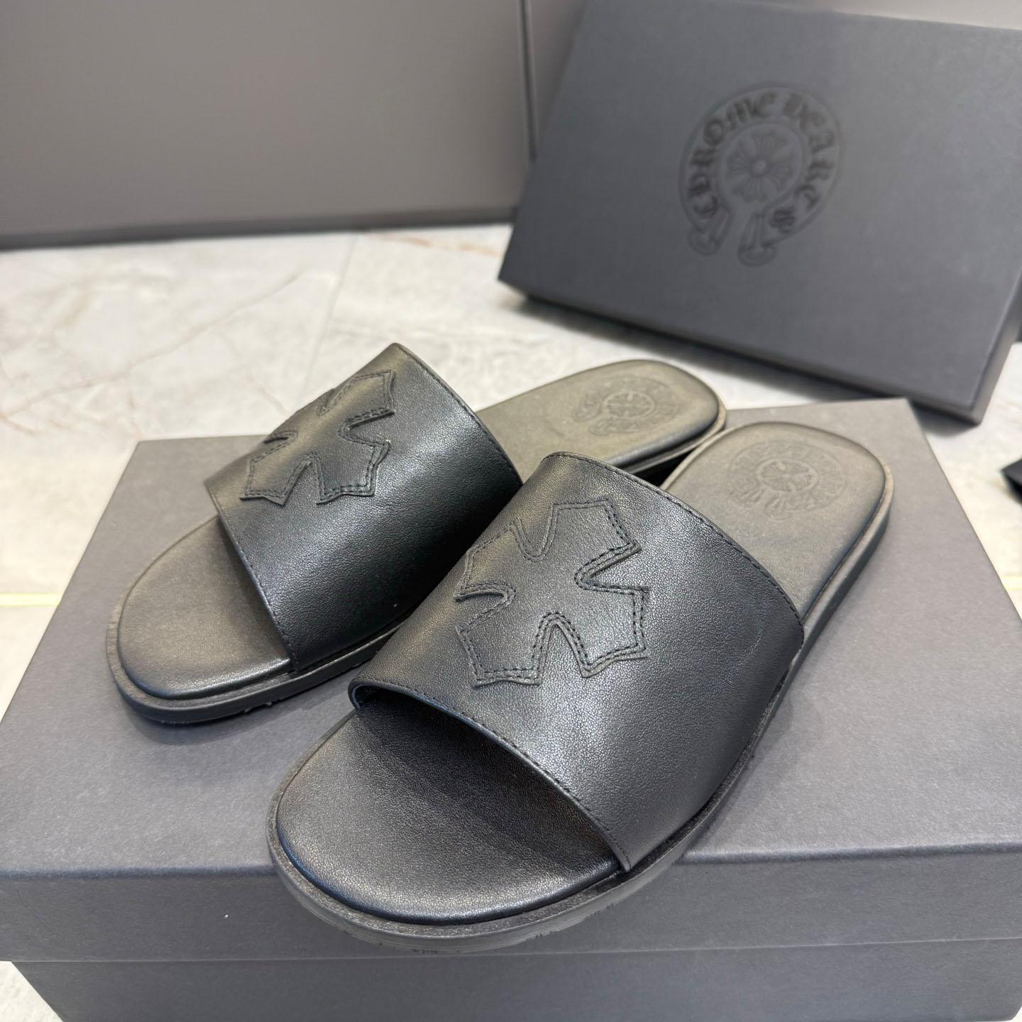 Chrome Hearts Black Leather Plus Slides / Sandals / Slippers - FashionPlug