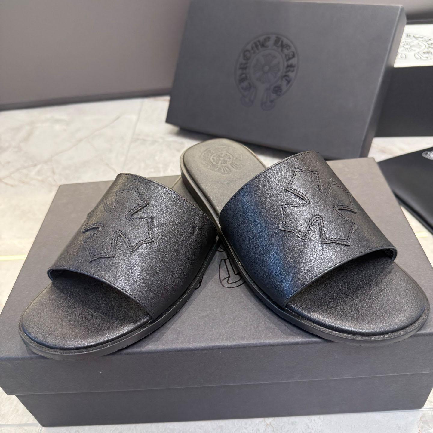 Chrome Hearts Black Leather Plus Slides / Sandals / Slippers - FashionPlug