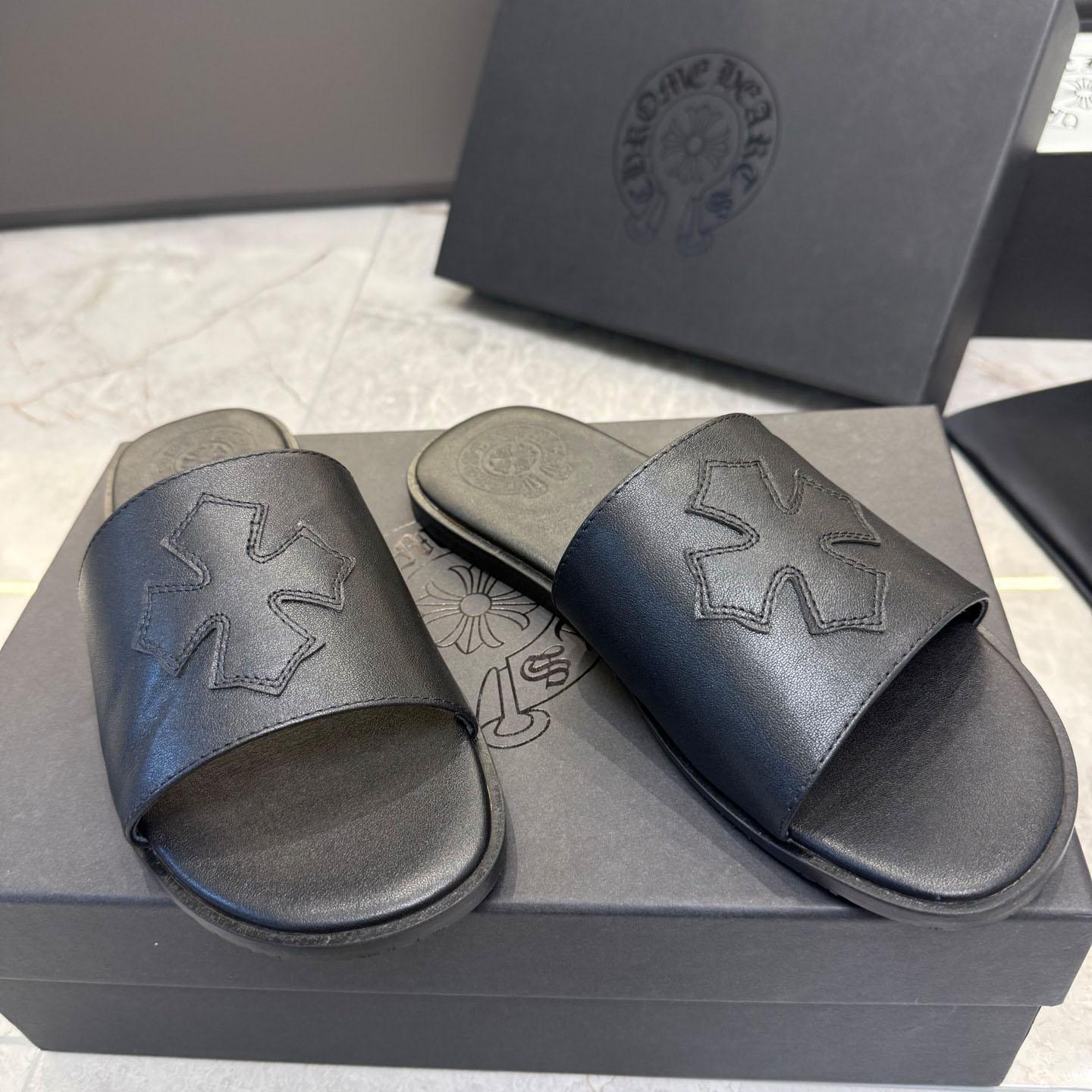 Chrome Hearts Black Leather Plus Slides / Sandals / Slippers - FashionPlug