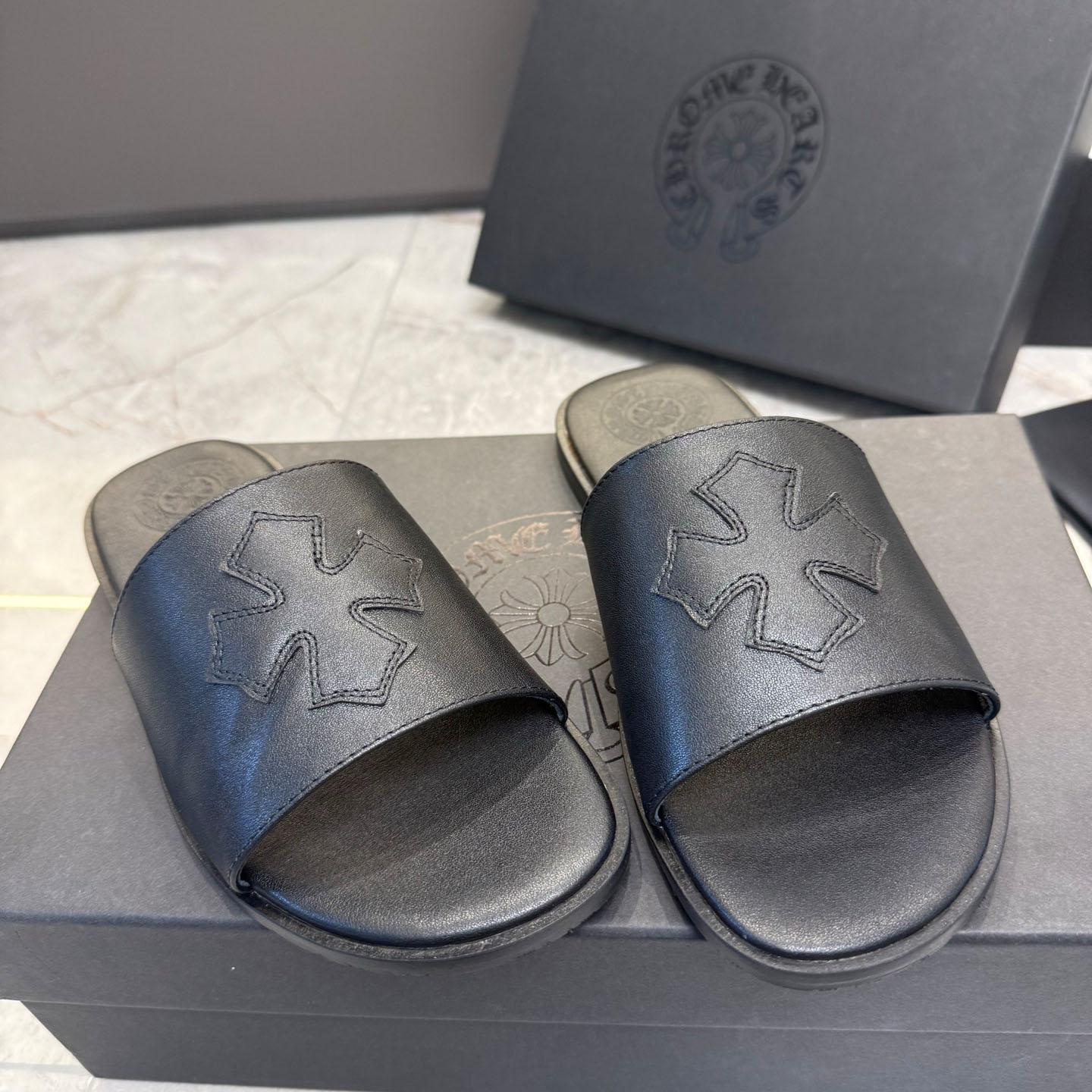 Chrome Hearts Black Leather Plus Slides / Sandals / Slippers - FashionPlug