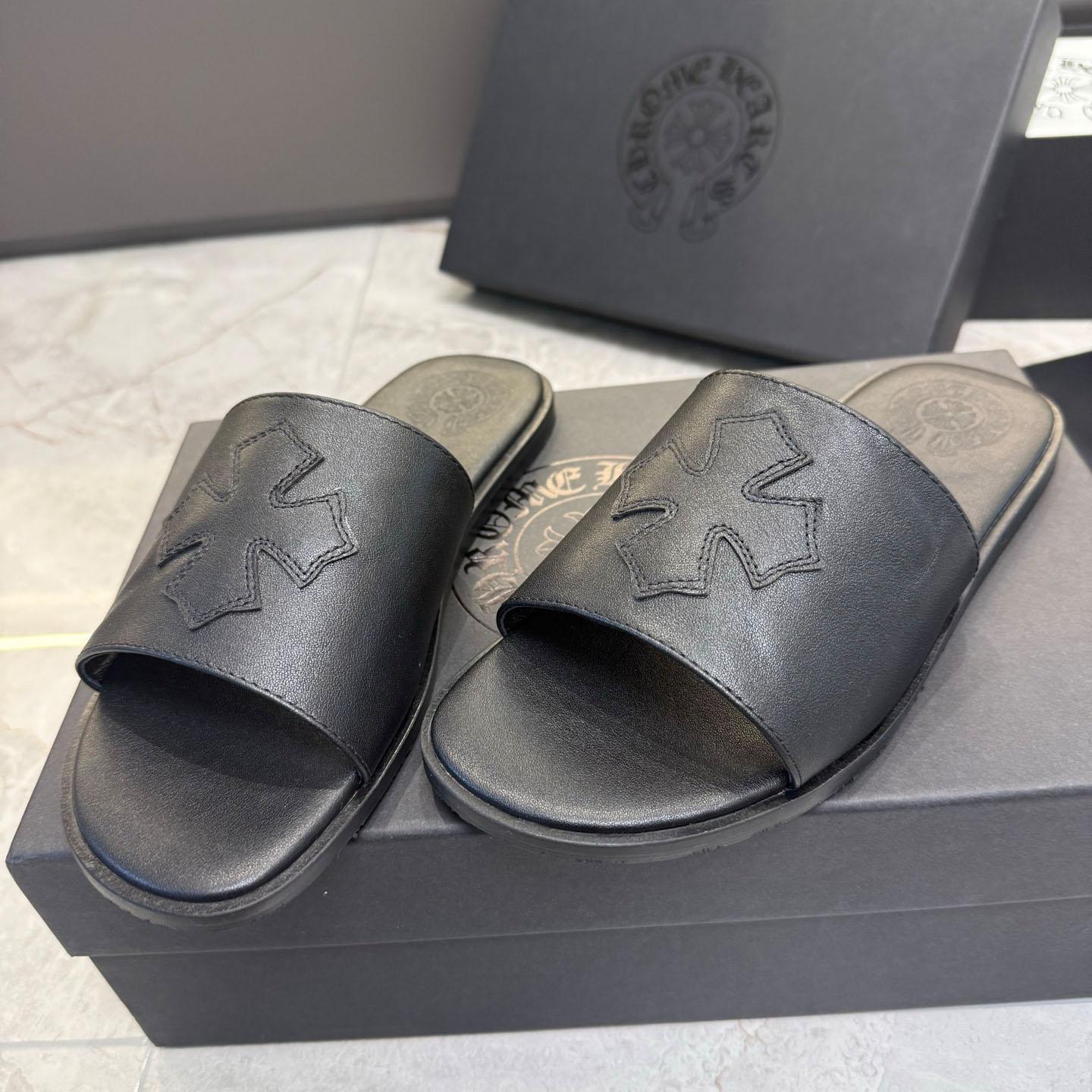 Chrome Hearts Black Leather Plus Slides / Sandals / Slippers - FashionPlug