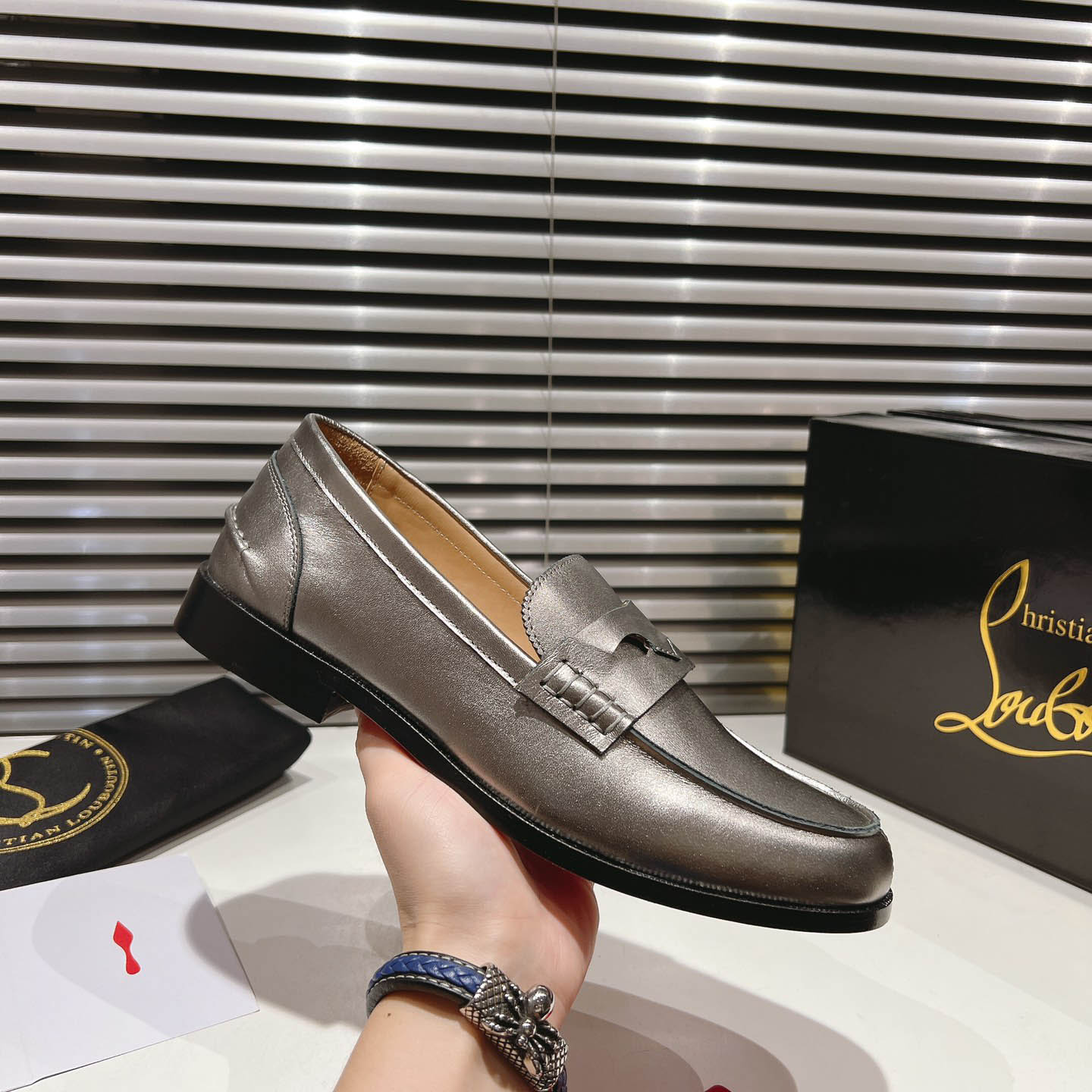 Christian Louboutin Silver Leather  Loafers - FashionPlug