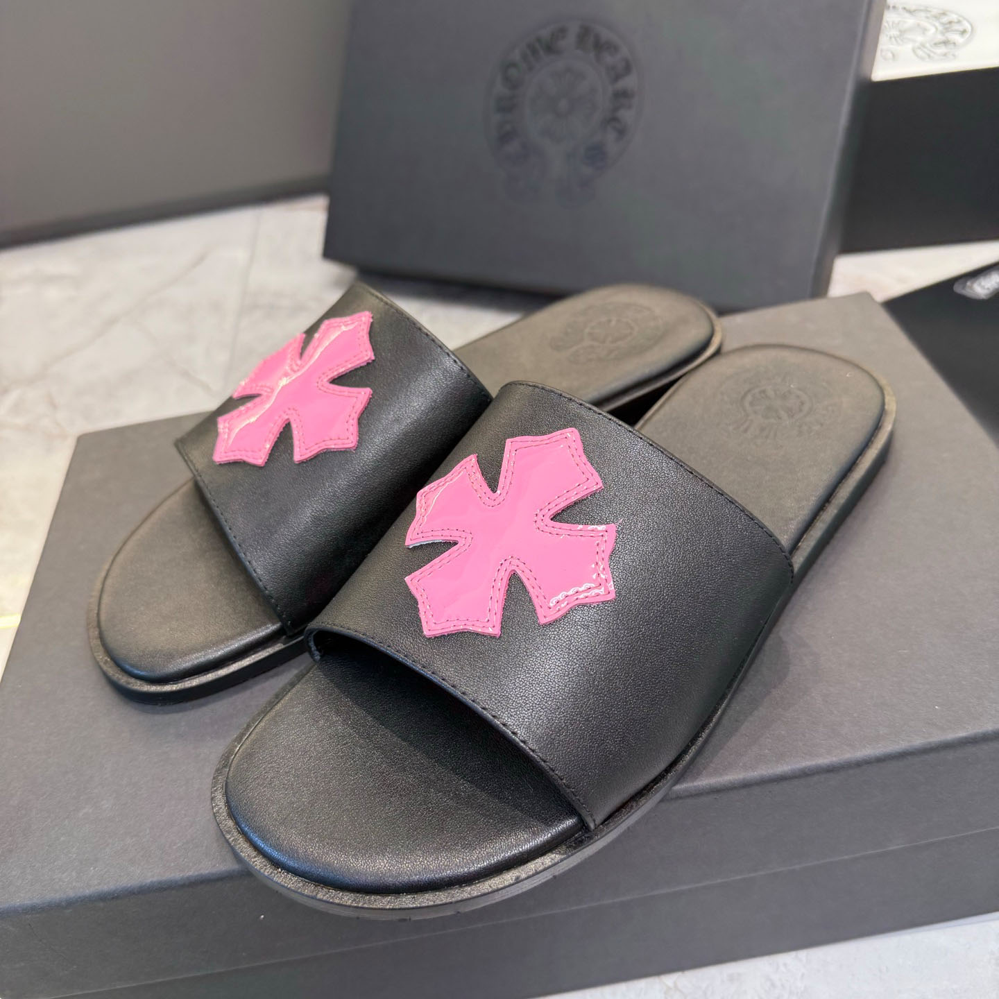 Chrome Hearts Pink Patent Plus Patch Slide Slippers - FashionPlug