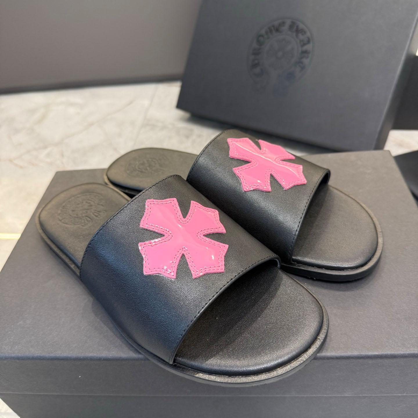 Chrome Hearts Pink Patent Plus Patch Slide Slippers - FashionPlug
