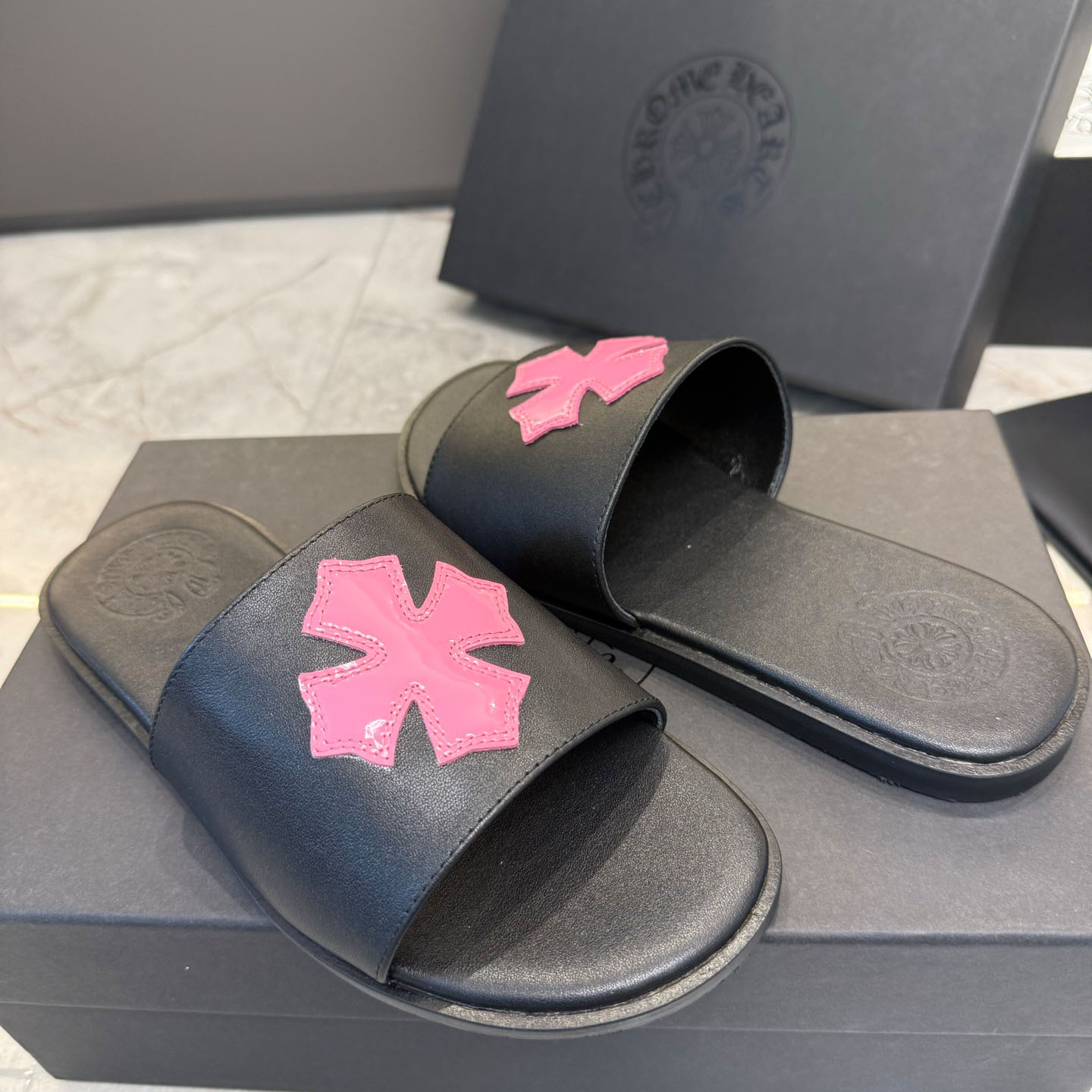 Chrome Hearts Pink Patent Plus Patch Slide Slippers - FashionPlug