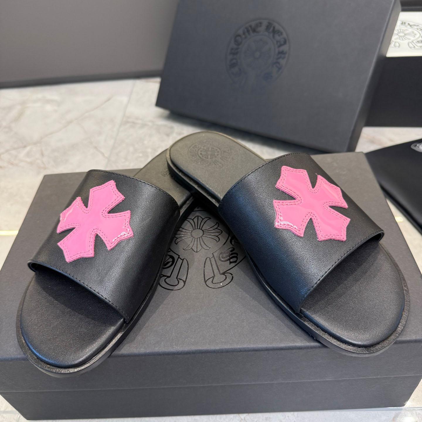 Chrome Hearts Pink Patent Plus Patch Slide Slippers - FashionPlug