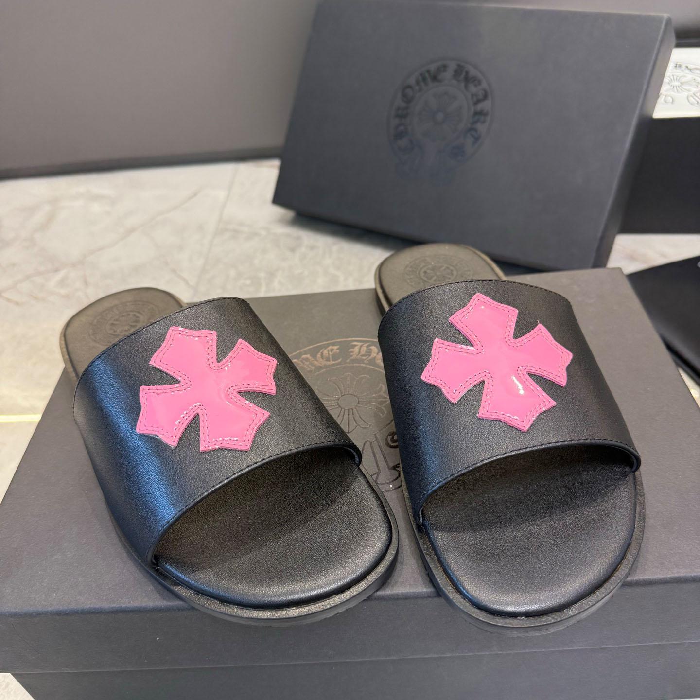 Chrome Hearts Pink Patent Plus Patch Slide Slippers - FashionPlug