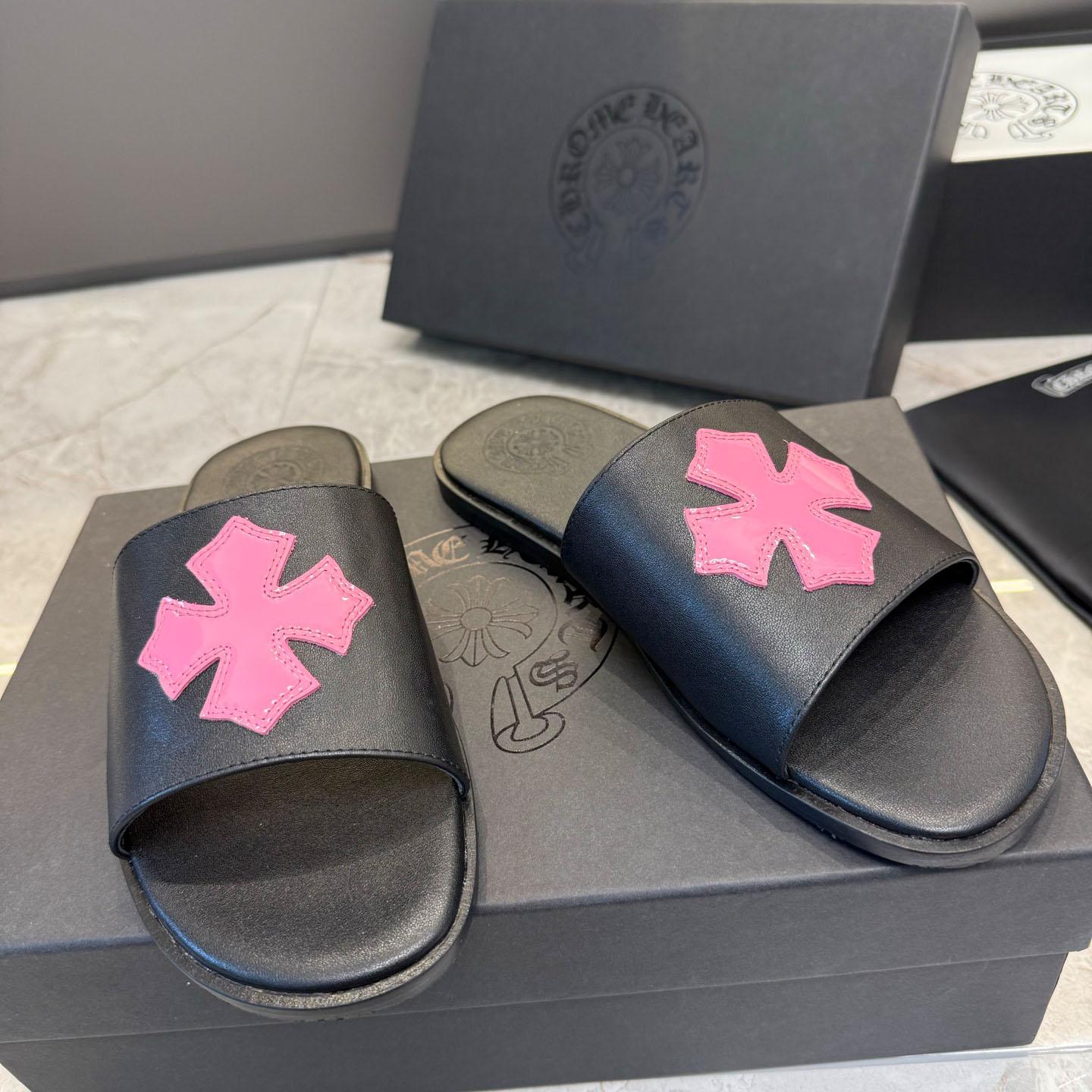 Chrome Hearts Pink Patent Plus Patch Slide Slippers - FashionPlug