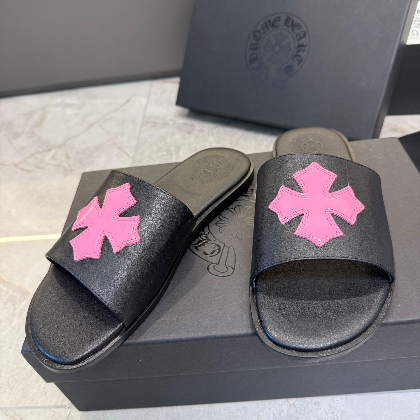 Chrome Hearts Pink Patent Plus Patch Slide Slippers - FashionPlug