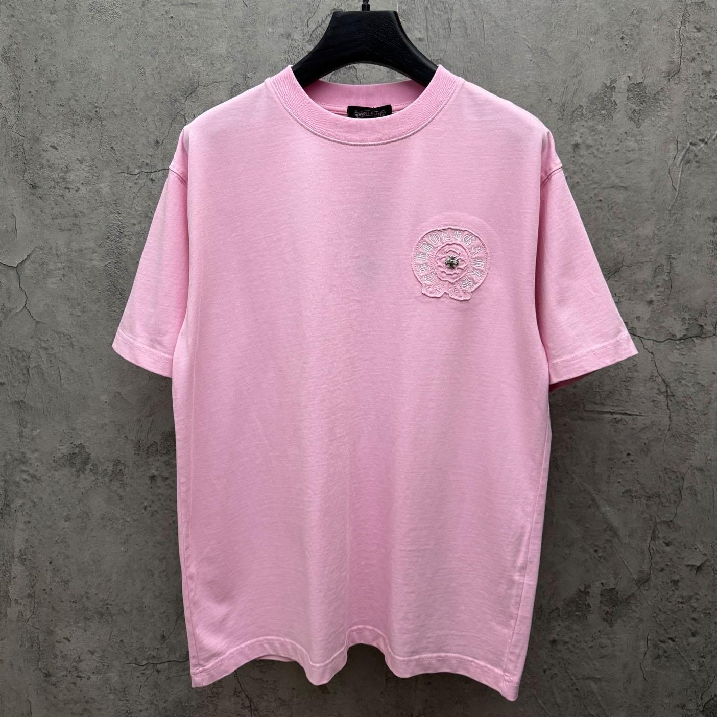 Chrome Hearts Pink Sanskrit Horseshoe Embroidered  T-Shirt - FashionPlug