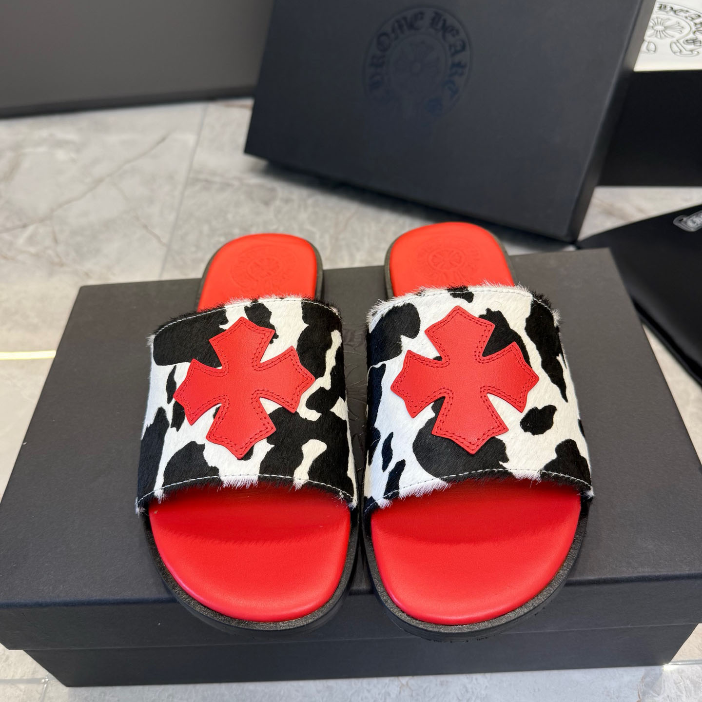Chrome Hearts Cross Patch Cow Slides - FashionPlug