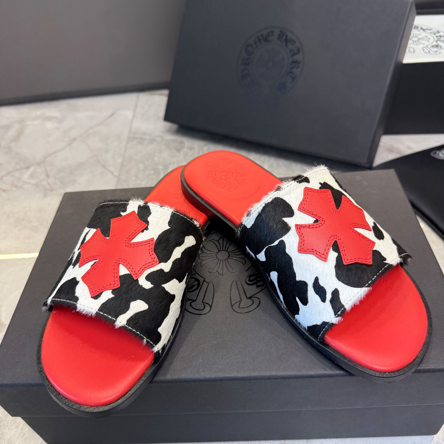Chrome Hearts Cross Patch Cow Slides - FashionPlug