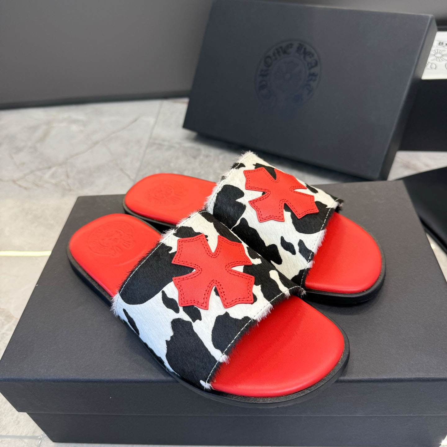 Chrome Hearts Cross Patch Cow Slides - FashionPlug