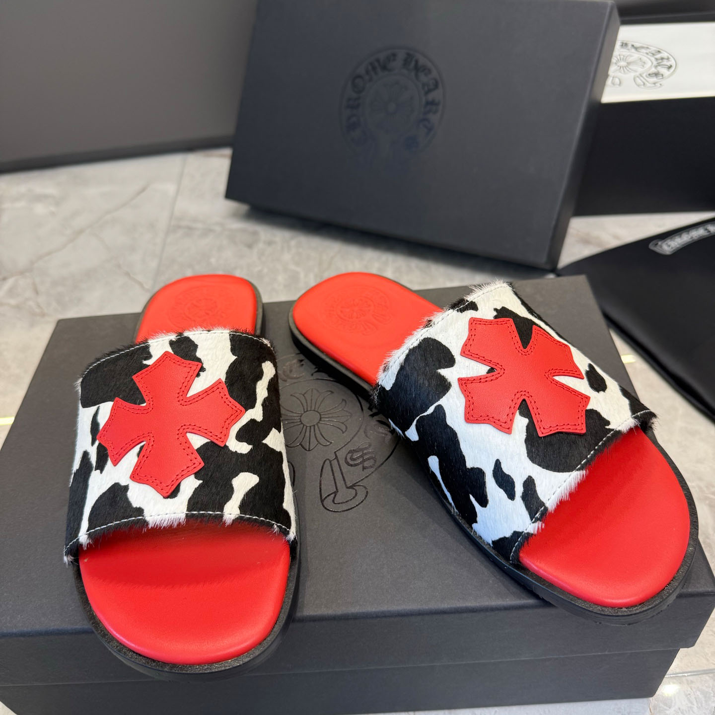Chrome Hearts Cross Patch Cow Slides - FashionPlug
