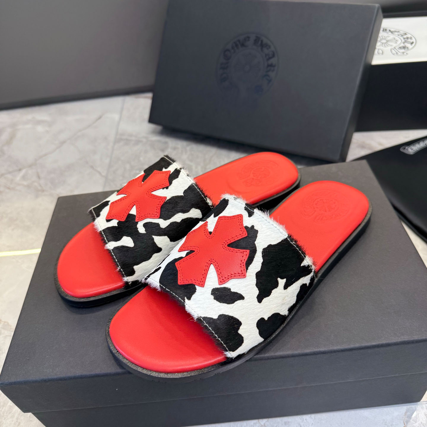 Chrome Hearts Cross Patch Cow Slides - FashionPlug