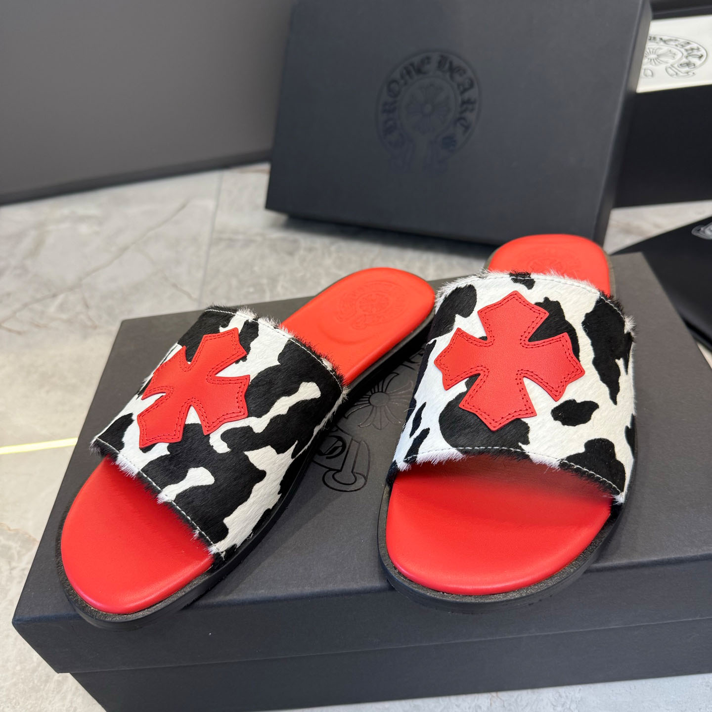 Chrome Hearts Cross Patch Cow Slides - FashionPlug