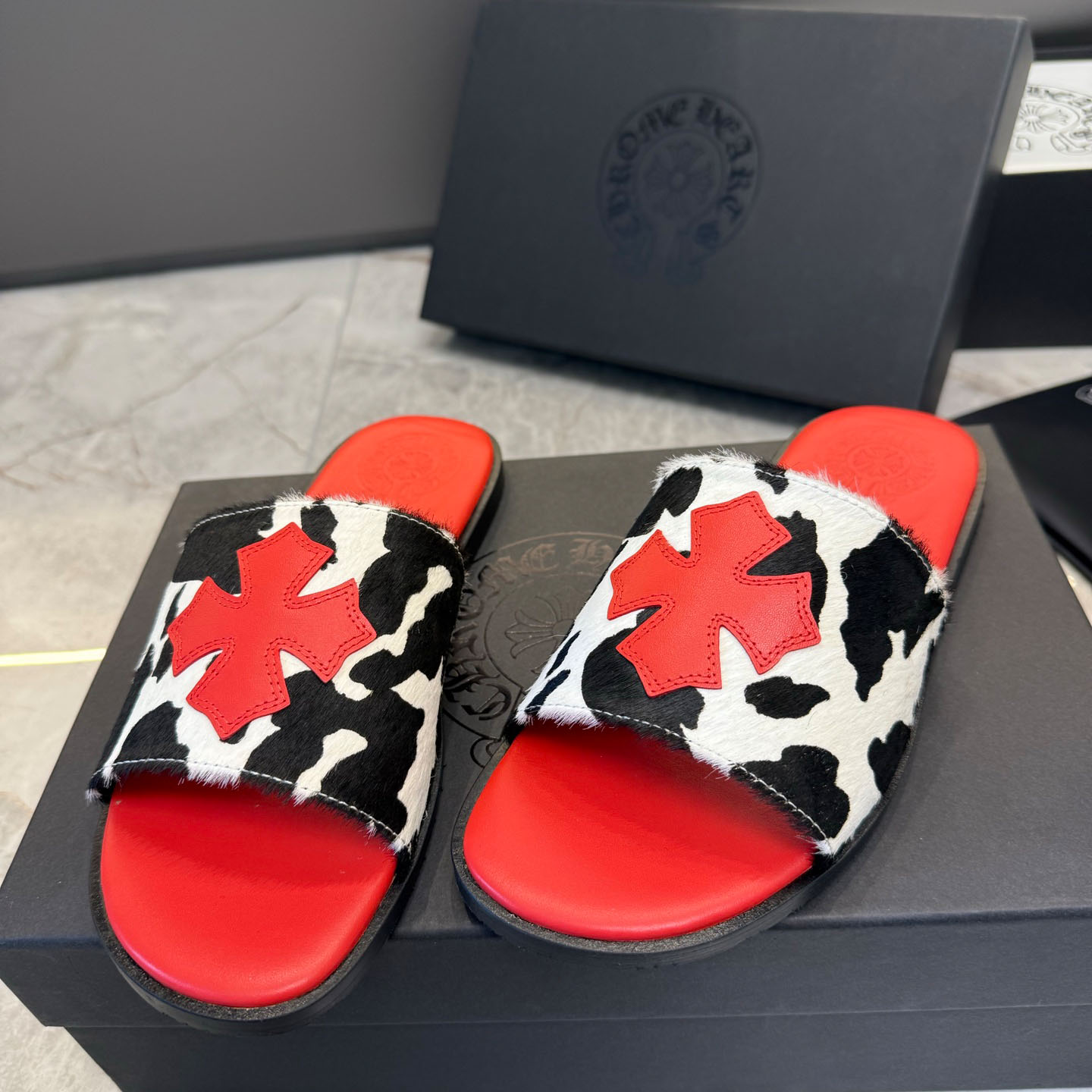 Chrome Hearts Cross Patch Cow Slides - FashionPlug
