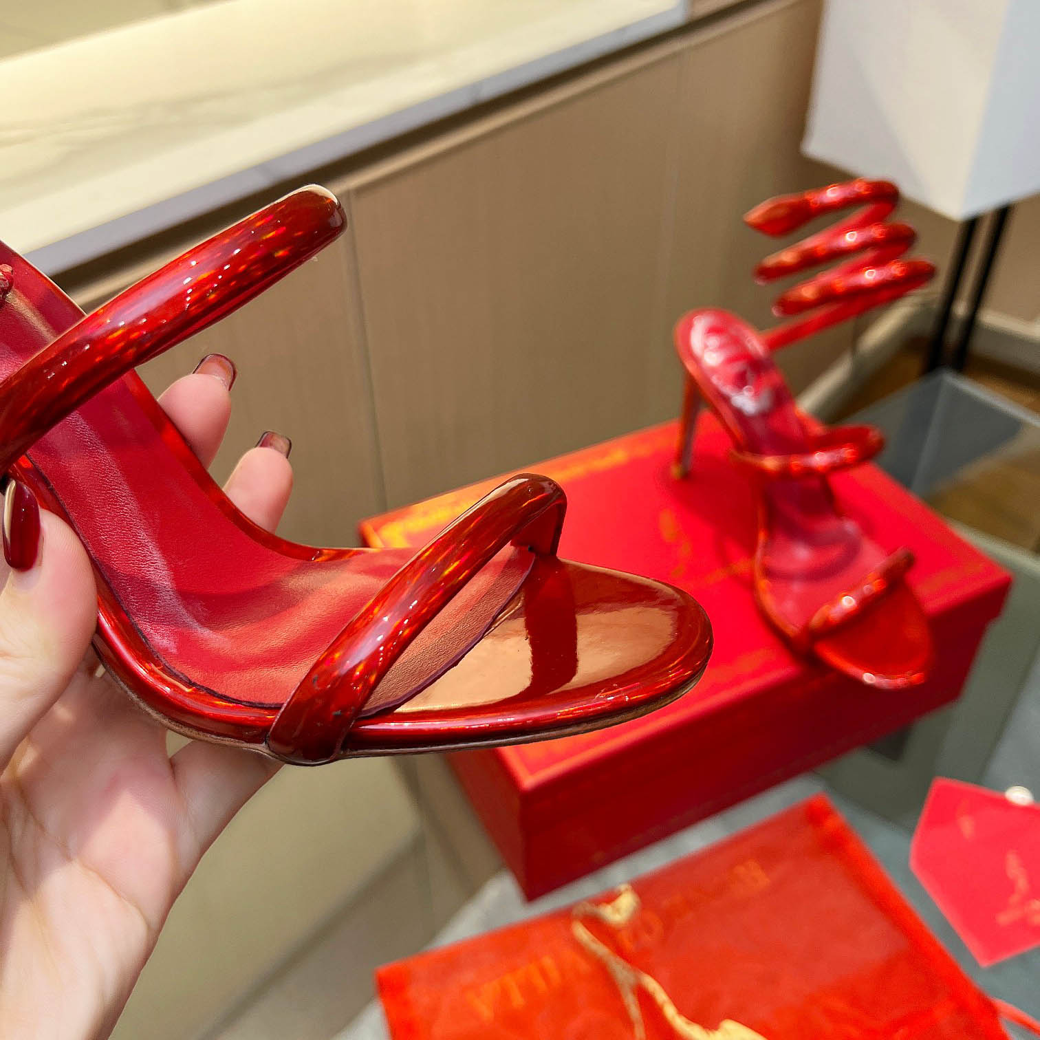 Rene Caovilla Metallic Red Leather Sandals - FashionPlug