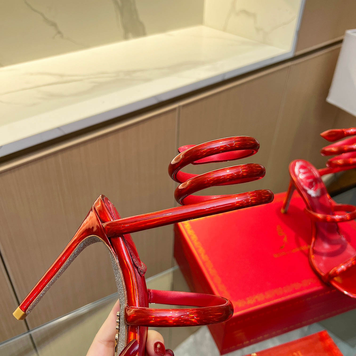 Rene Caovilla Metallic Red Leather Sandals - FashionPlug