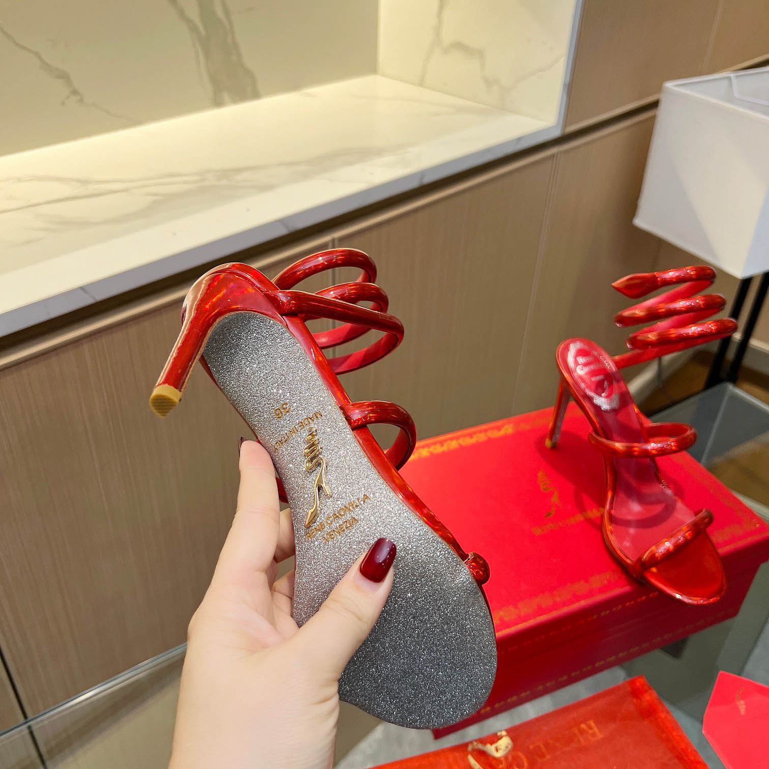 Rene Caovilla Metallic Red Leather Sandals - FashionPlug