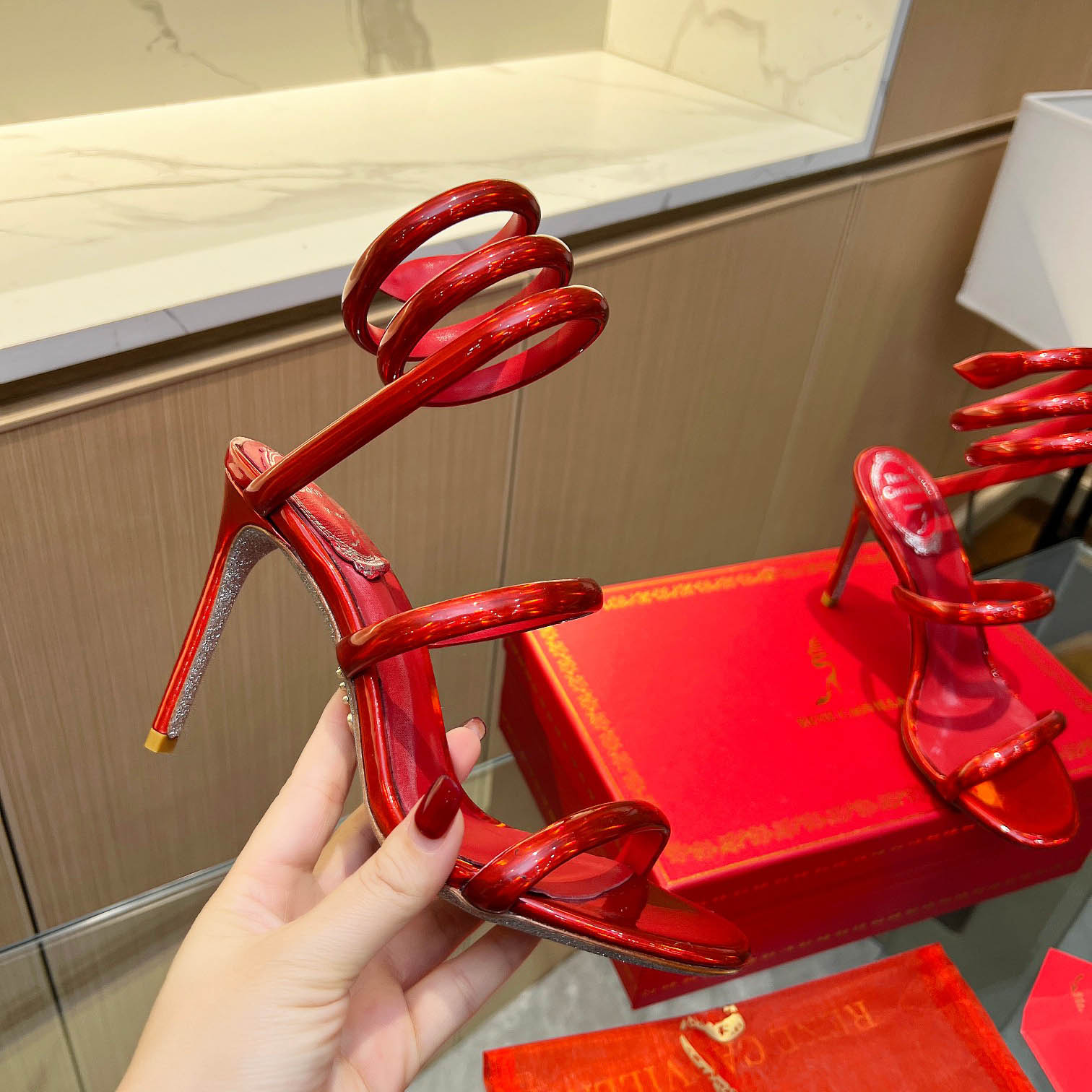 Rene Caovilla Metallic Red Leather Sandals - FashionPlug