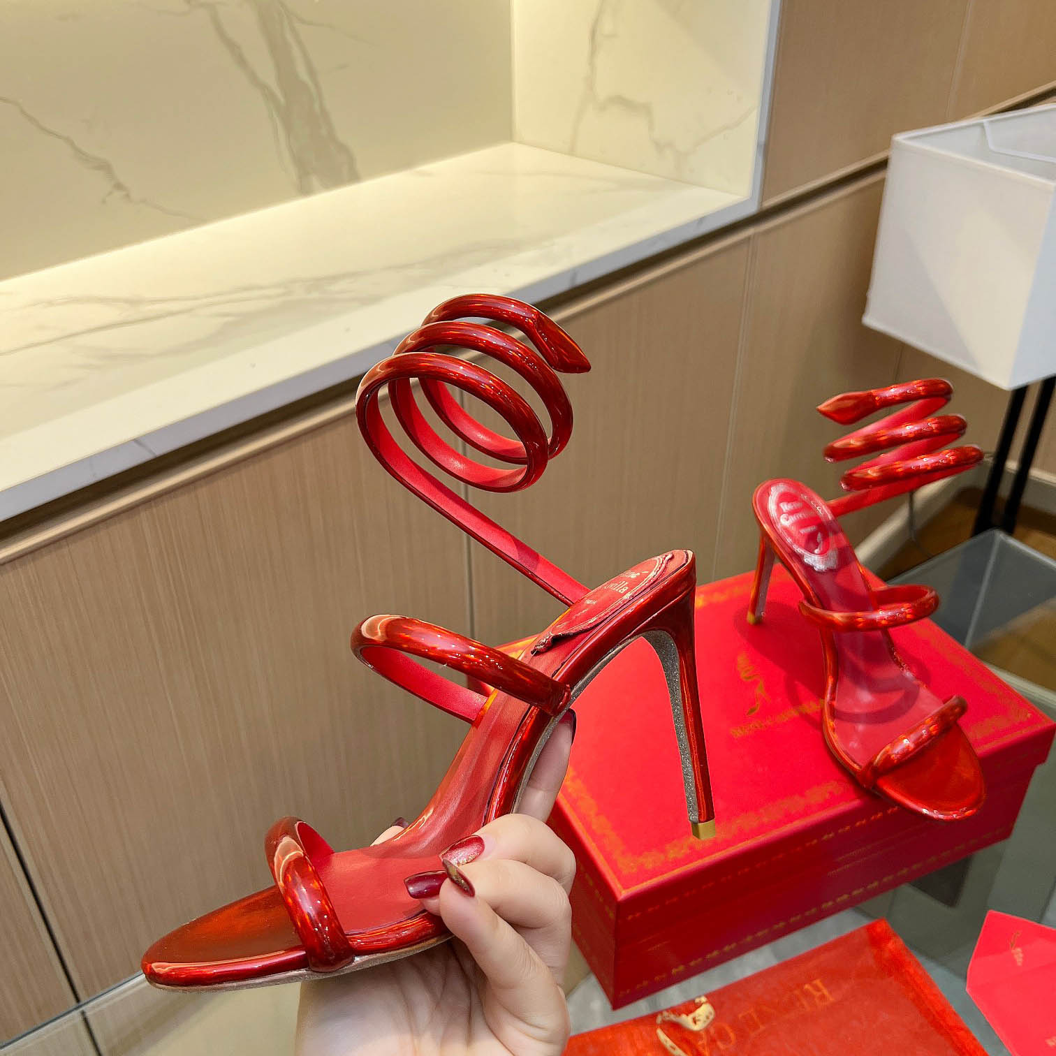 Rene Caovilla Metallic Red Leather Sandals - FashionPlug