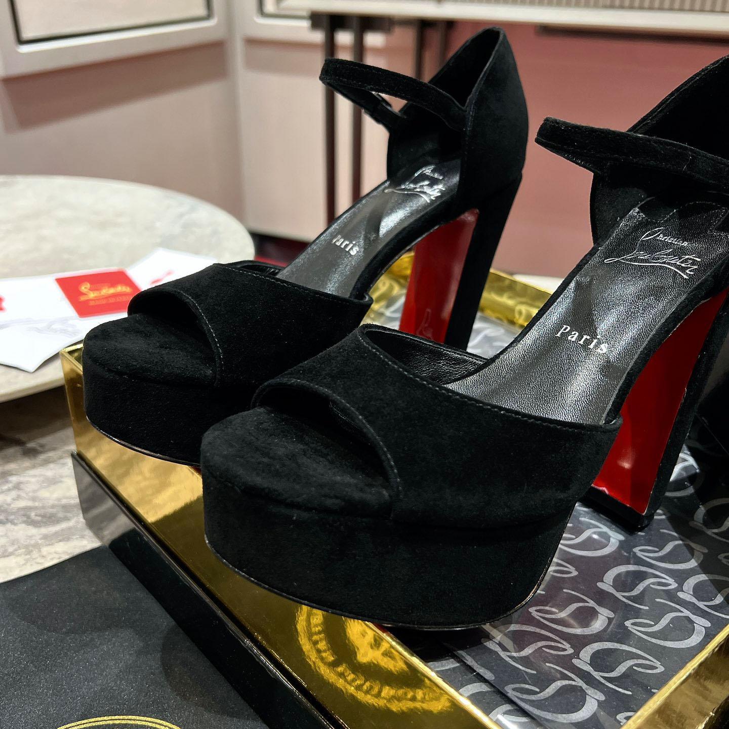 Christian Louboutin Sandaloo 130 mm Sandals  Veau Velours - Black - FashionPlug