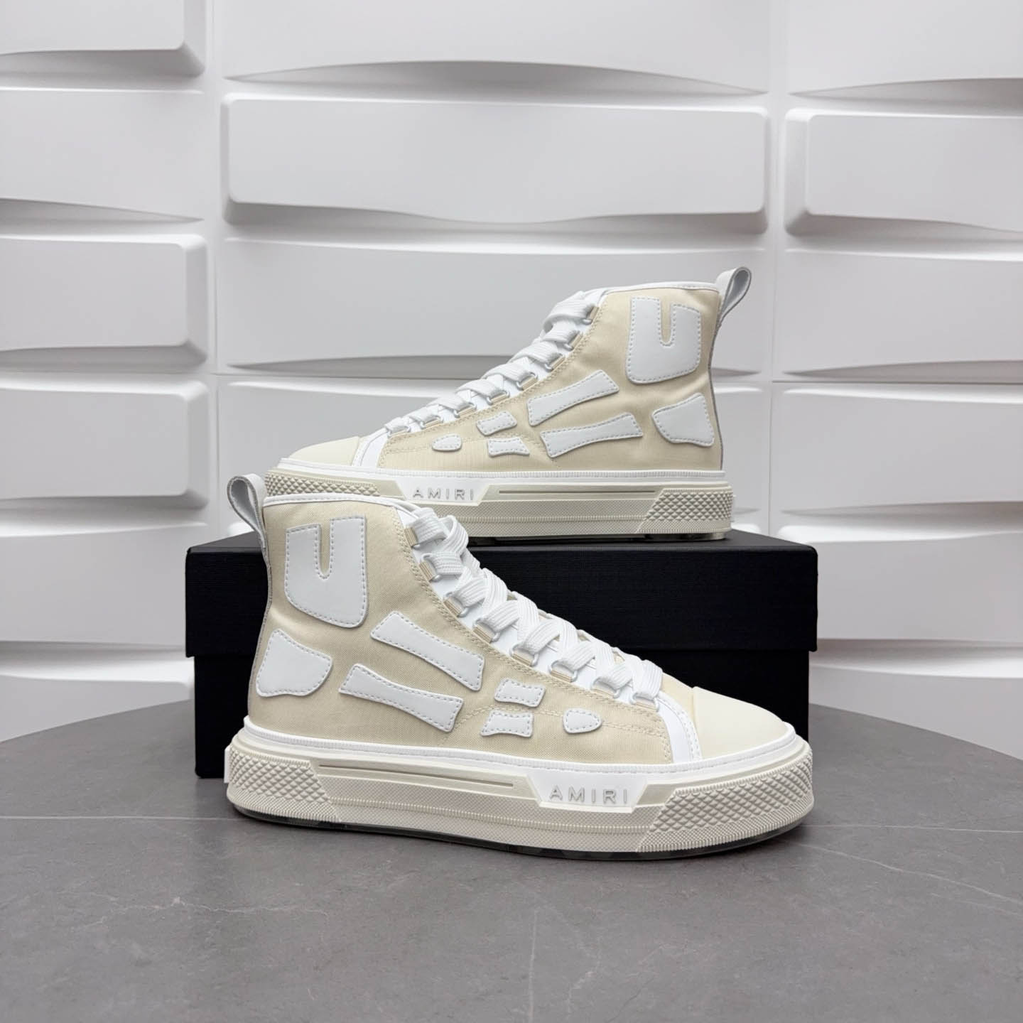 Amiri Beige & White Skel Court Hi Sneakers - FashionPlug