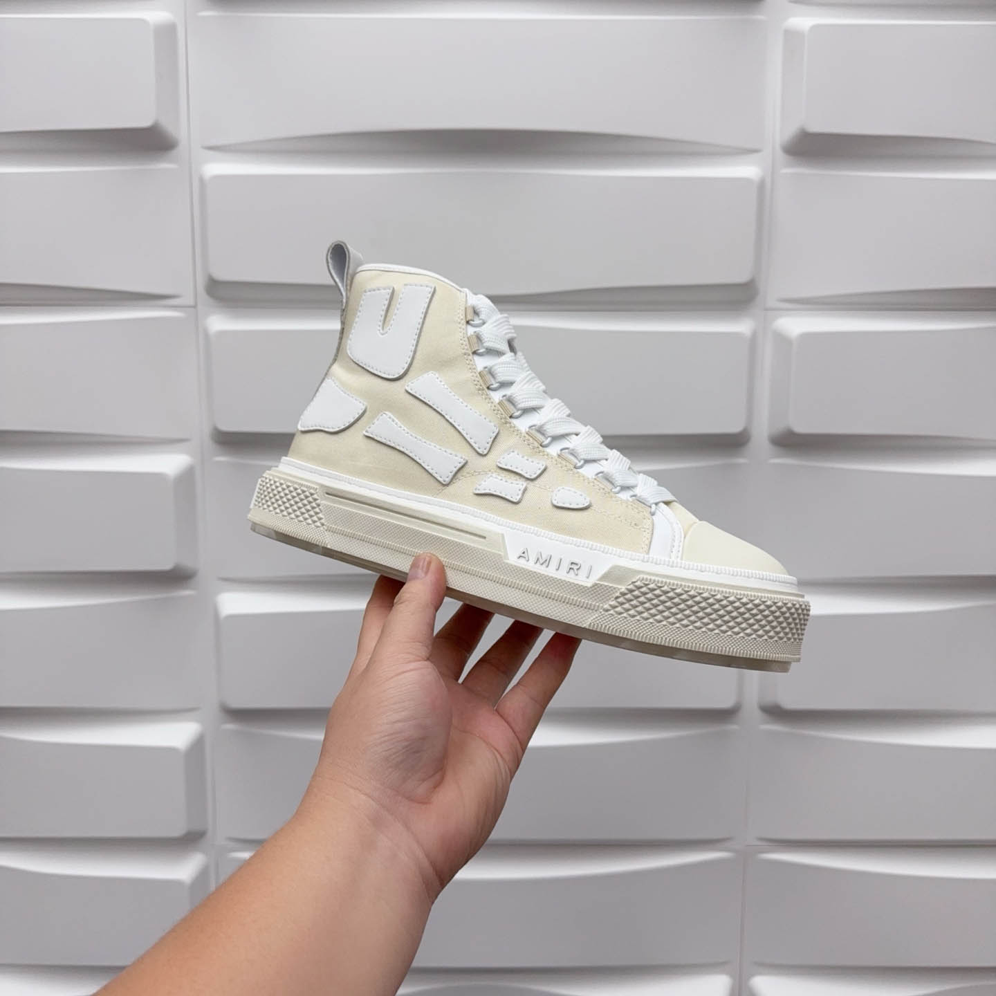 Amiri Beige & White Skel Court Hi Sneakers - FashionPlug