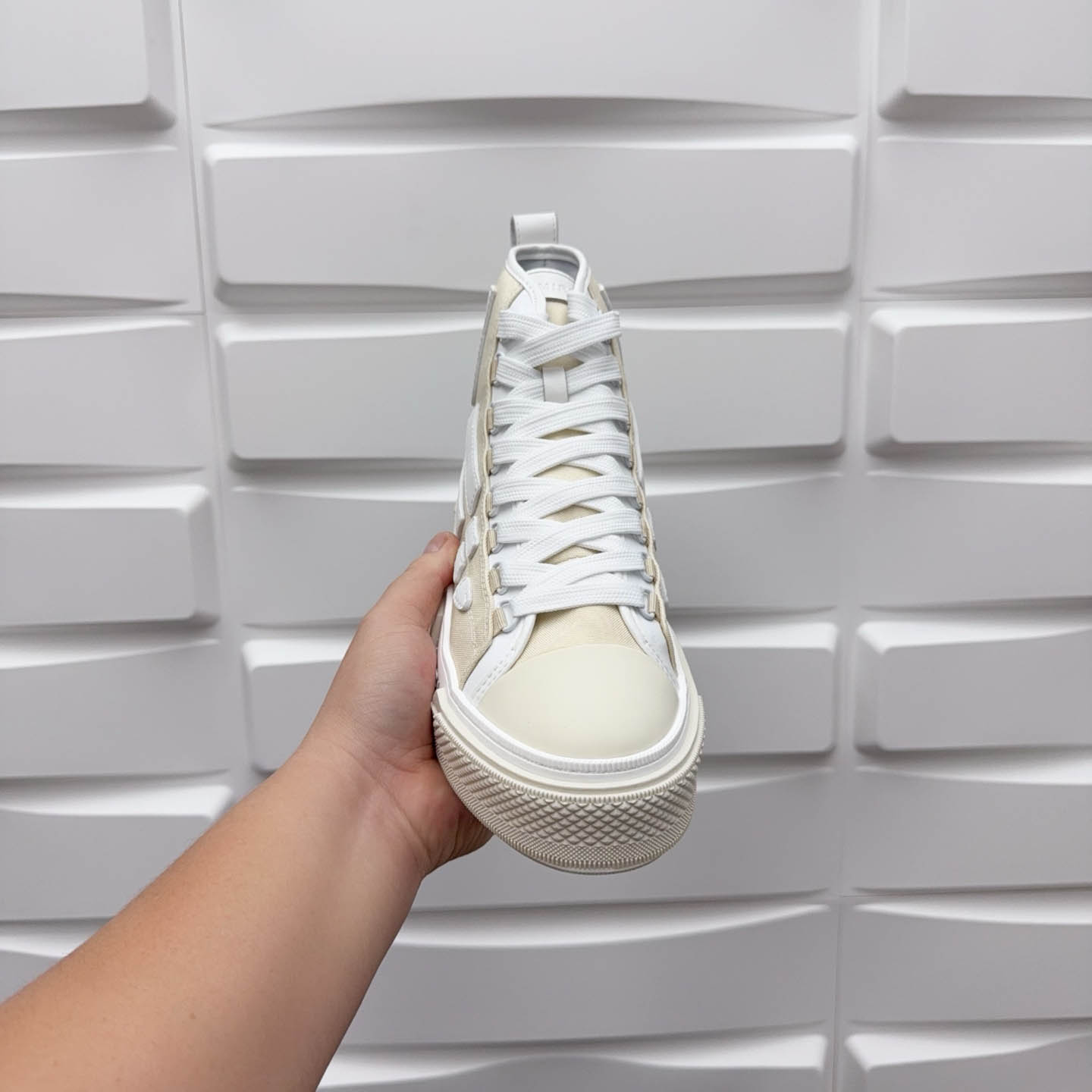 Amiri Beige & White Skel Court Hi Sneakers - FashionPlug