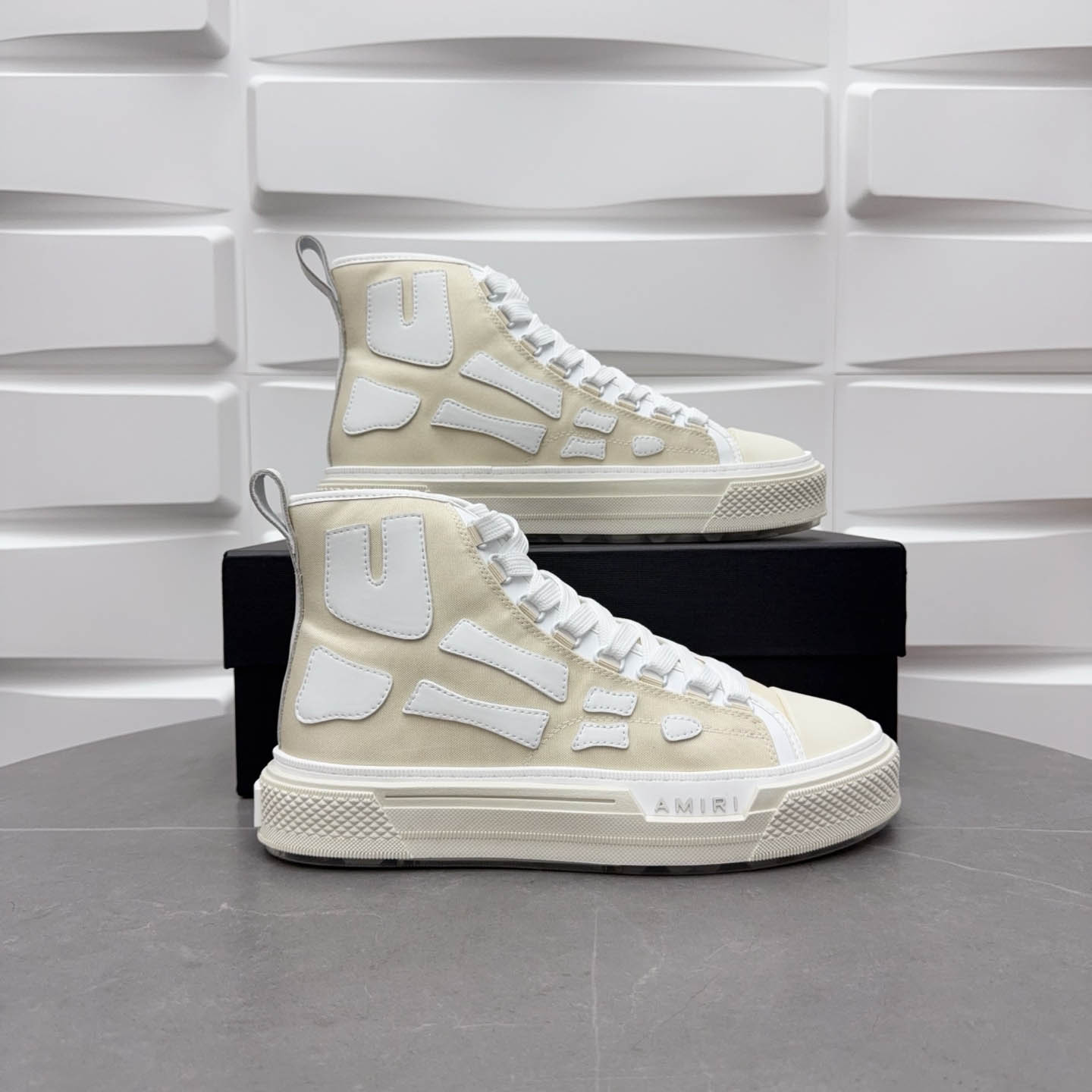 Amiri Beige & White Skel Court Hi Sneakers - FashionPlug