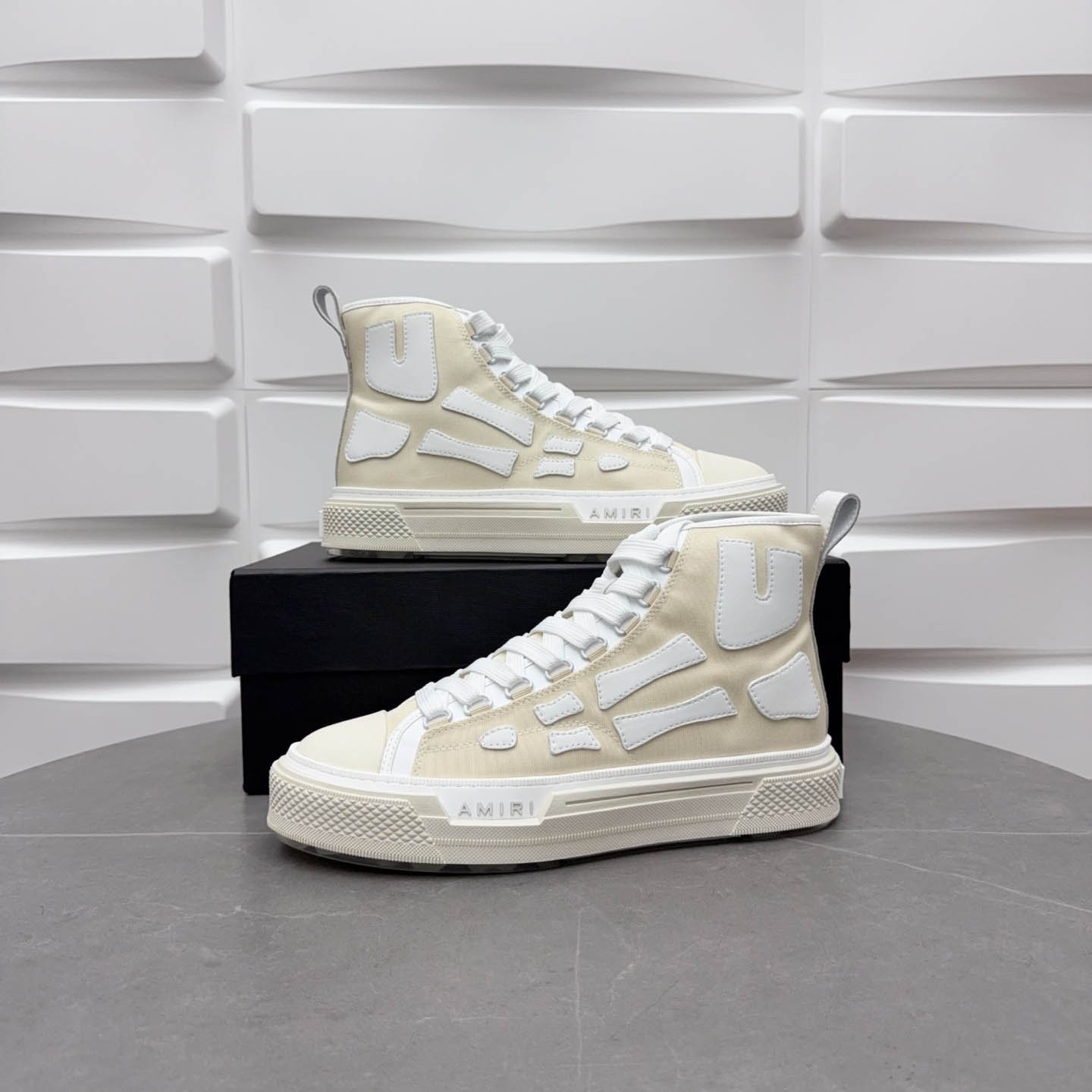Amiri Beige & White Skel Court Hi Sneakers - FashionPlug