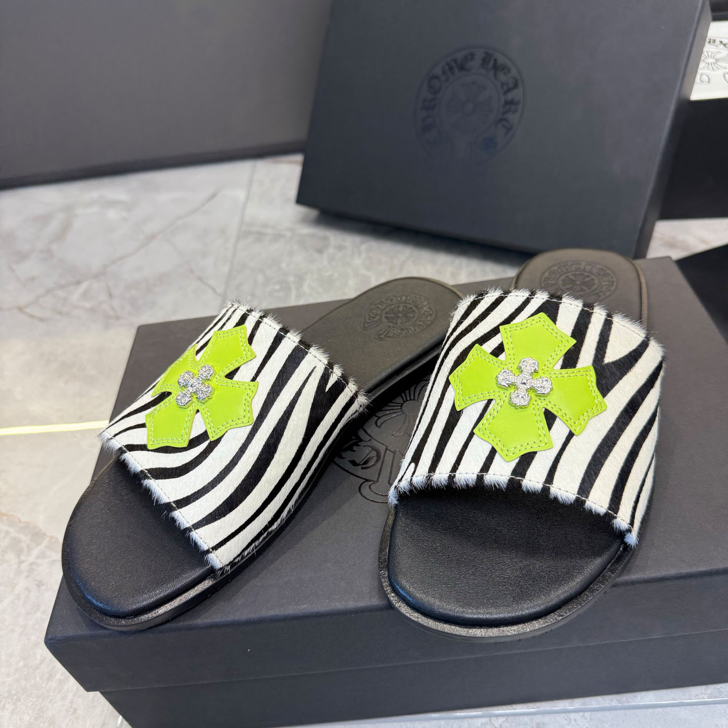 Chrome Hearts Cowhide Leather Slide Silver Accent  - FashionPlug