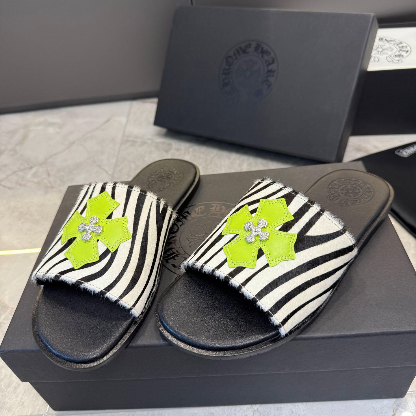 Chrome Hearts Cowhide Leather Slide Silver Accent  - FashionPlug