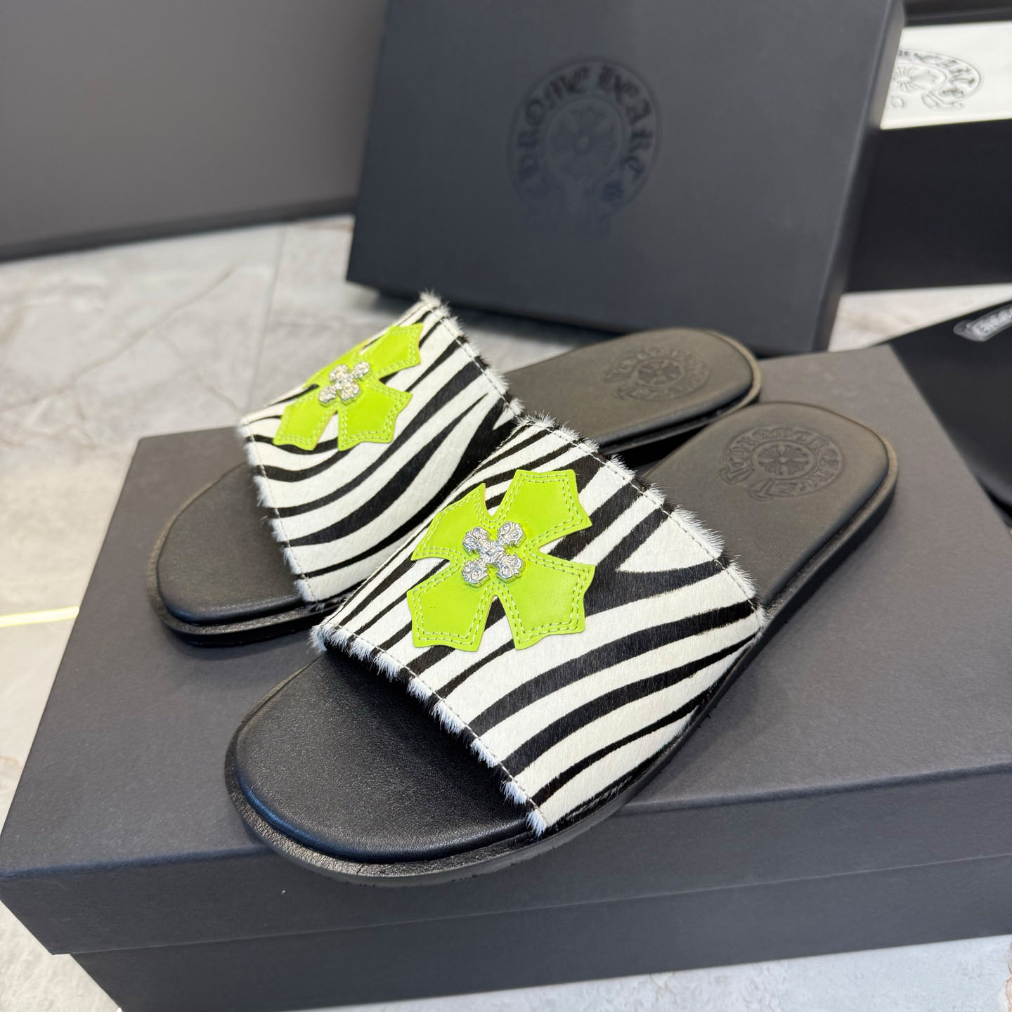 Chrome Hearts Cowhide Leather Slide Silver Accent  - FashionPlug