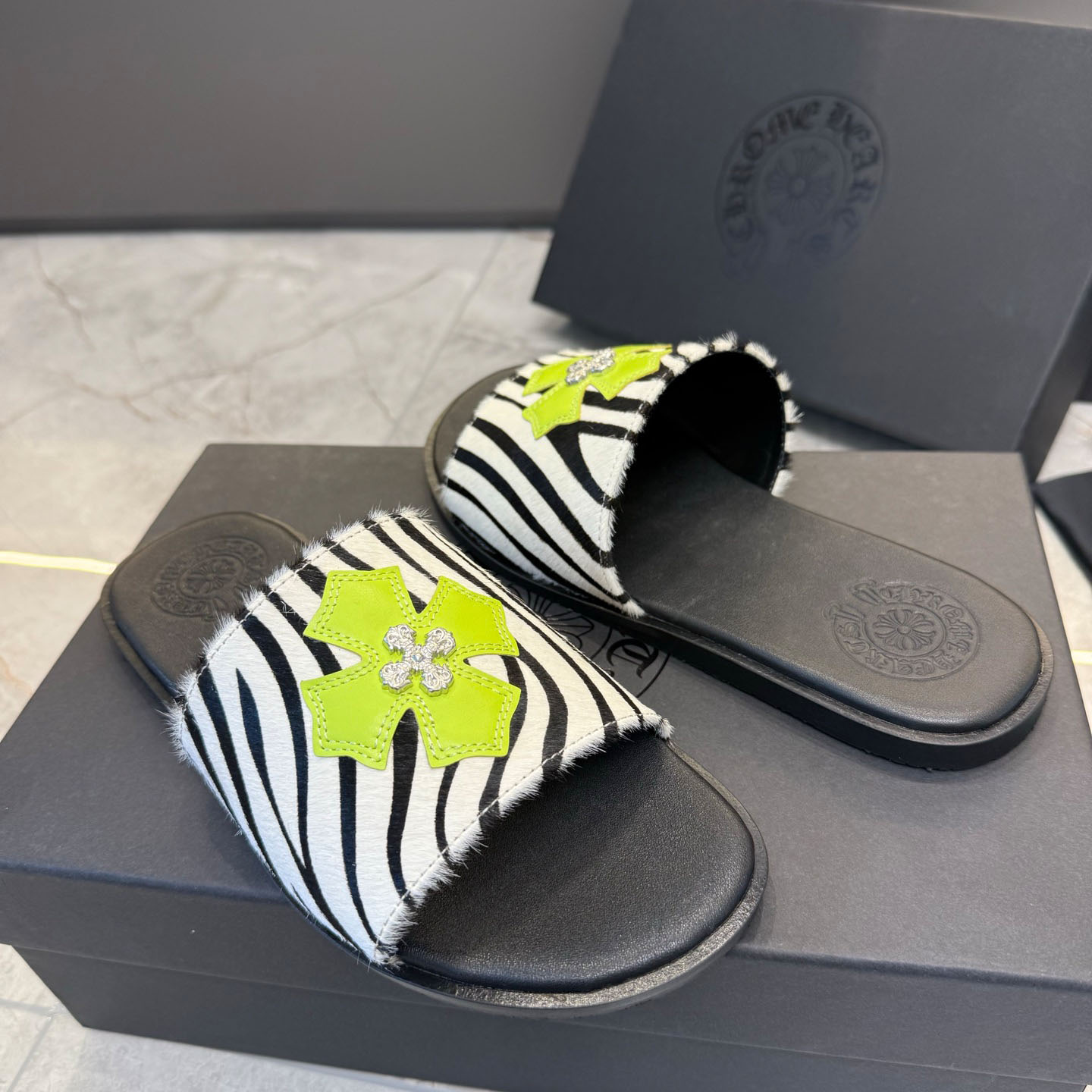 Chrome Hearts Cowhide Leather Slide Silver Accent  - FashionPlug