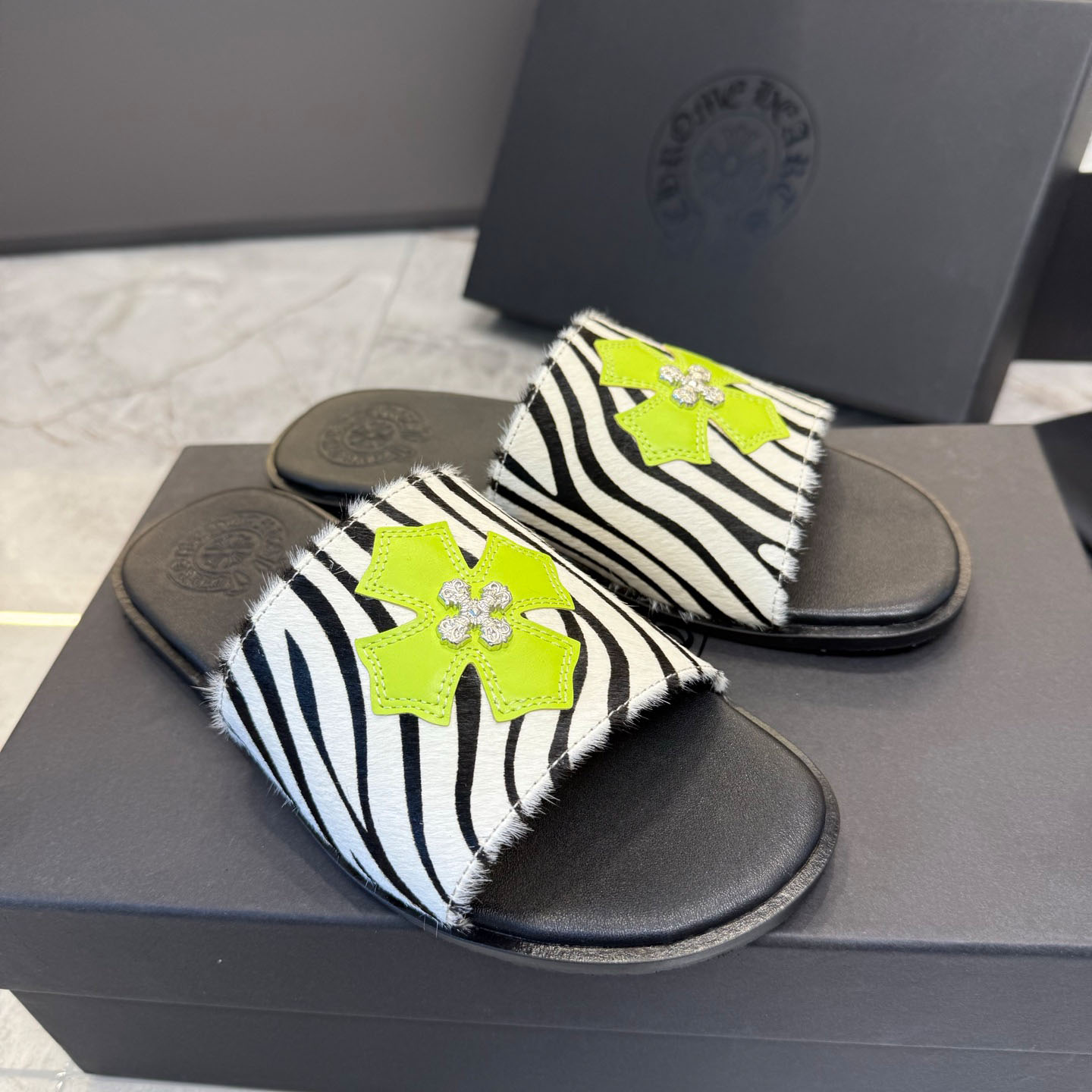 Chrome Hearts Cowhide Leather Slide Silver Accent  - FashionPlug