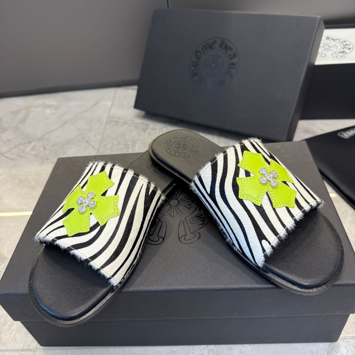 Chrome Hearts Cowhide Leather Slide Silver Accent  - FashionPlug