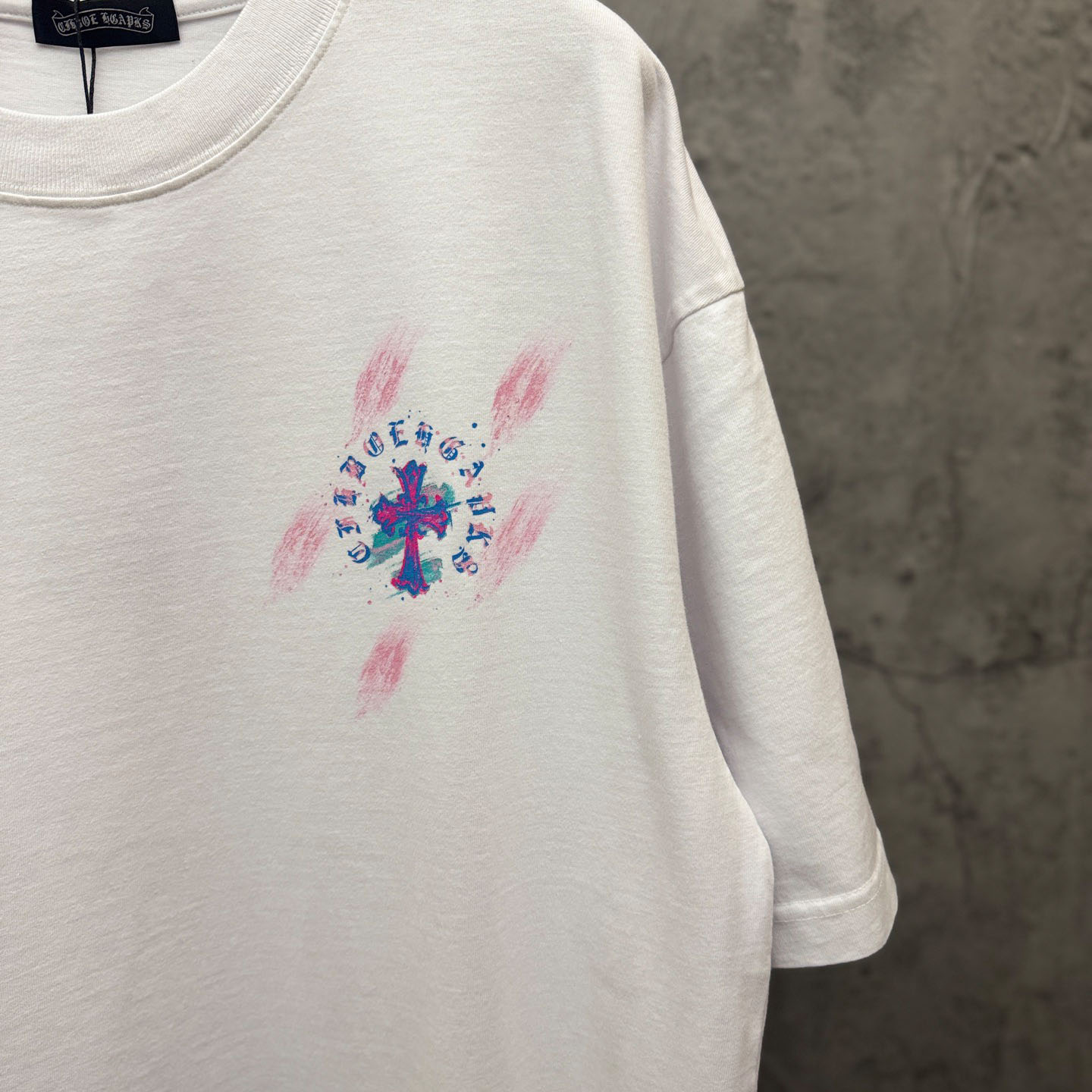 Chrome Hearts Watercolor Graffiti Cross Print Crew Neck T-Shirt - FashionPlug