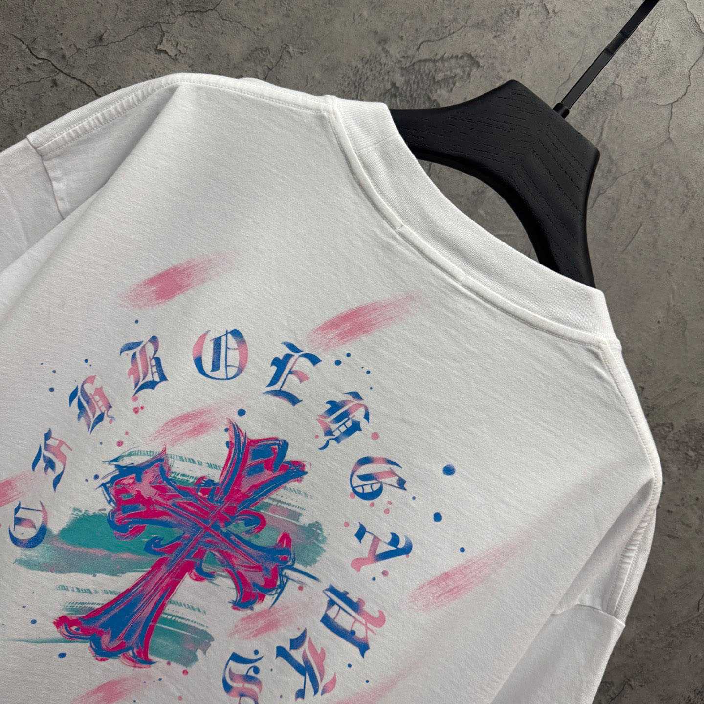 Chrome Hearts Watercolor Graffiti Cross Print Crew Neck T-Shirt - FashionPlug