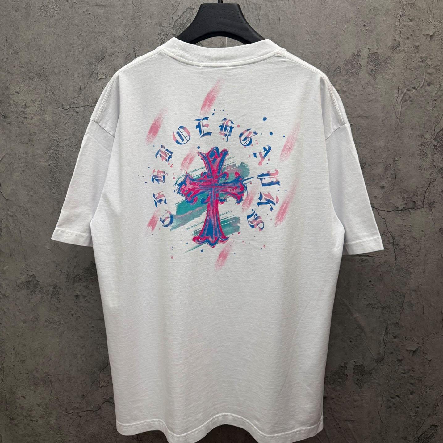 Chrome Hearts Watercolor Graffiti Cross Print Crew Neck T-Shirt - FashionPlug